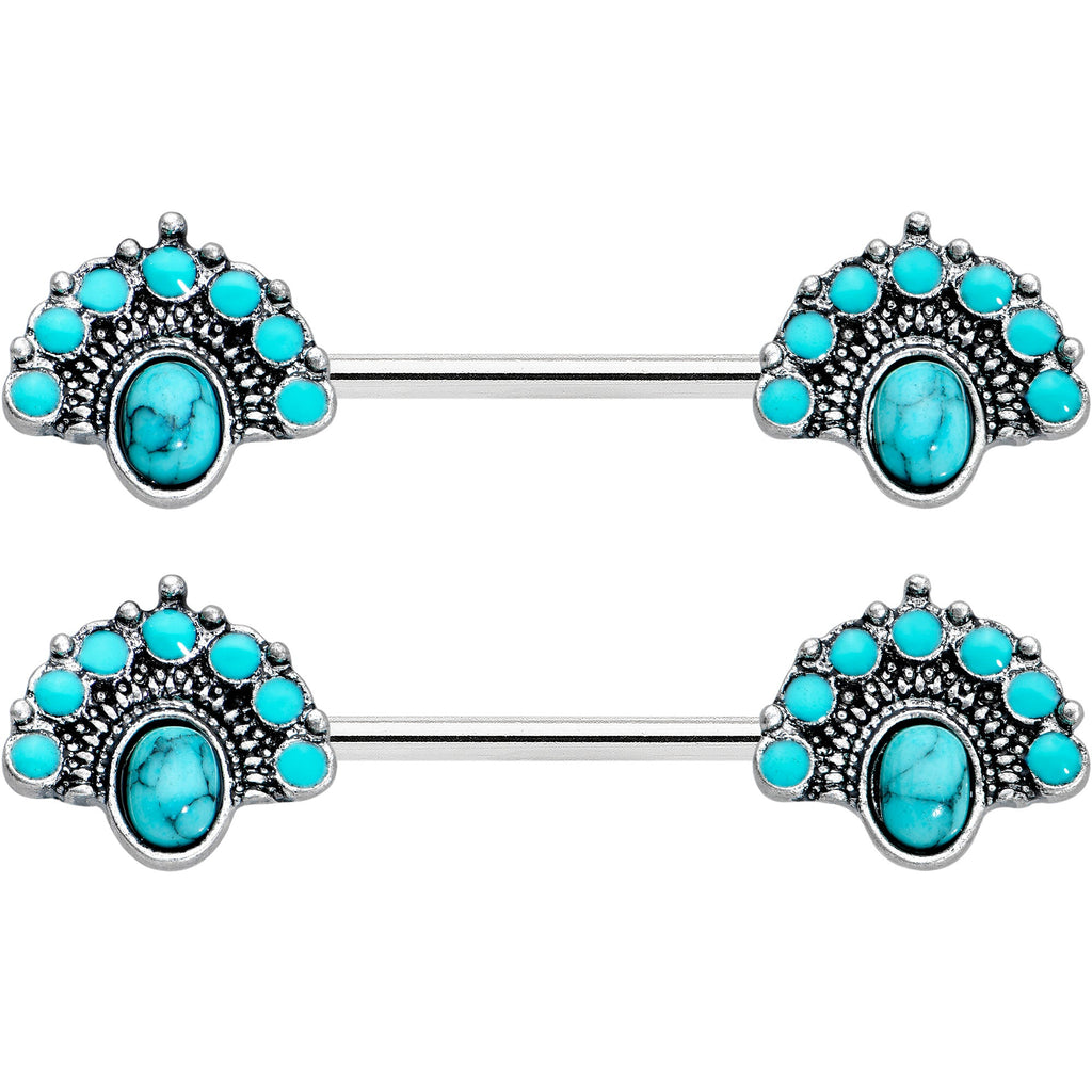 BodyCandy 14G 9/16 Blue Turquoise Southwest Shield Barbell Nipple Ring Set — detail close-up