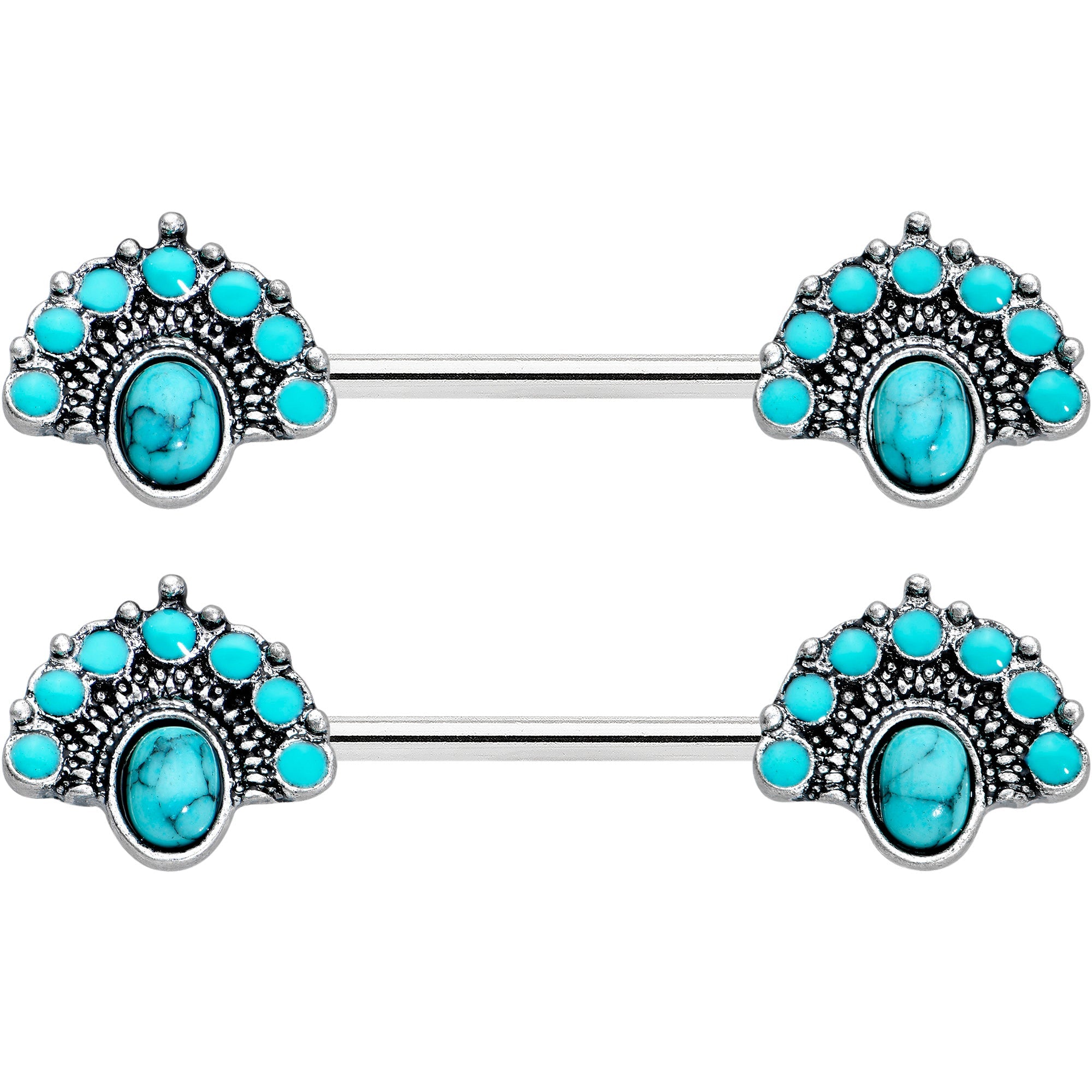 BodyCandy 14G 9/16 Blue Turquoise Southwest Shield Barbell Nipple Ring Set — detail close-up