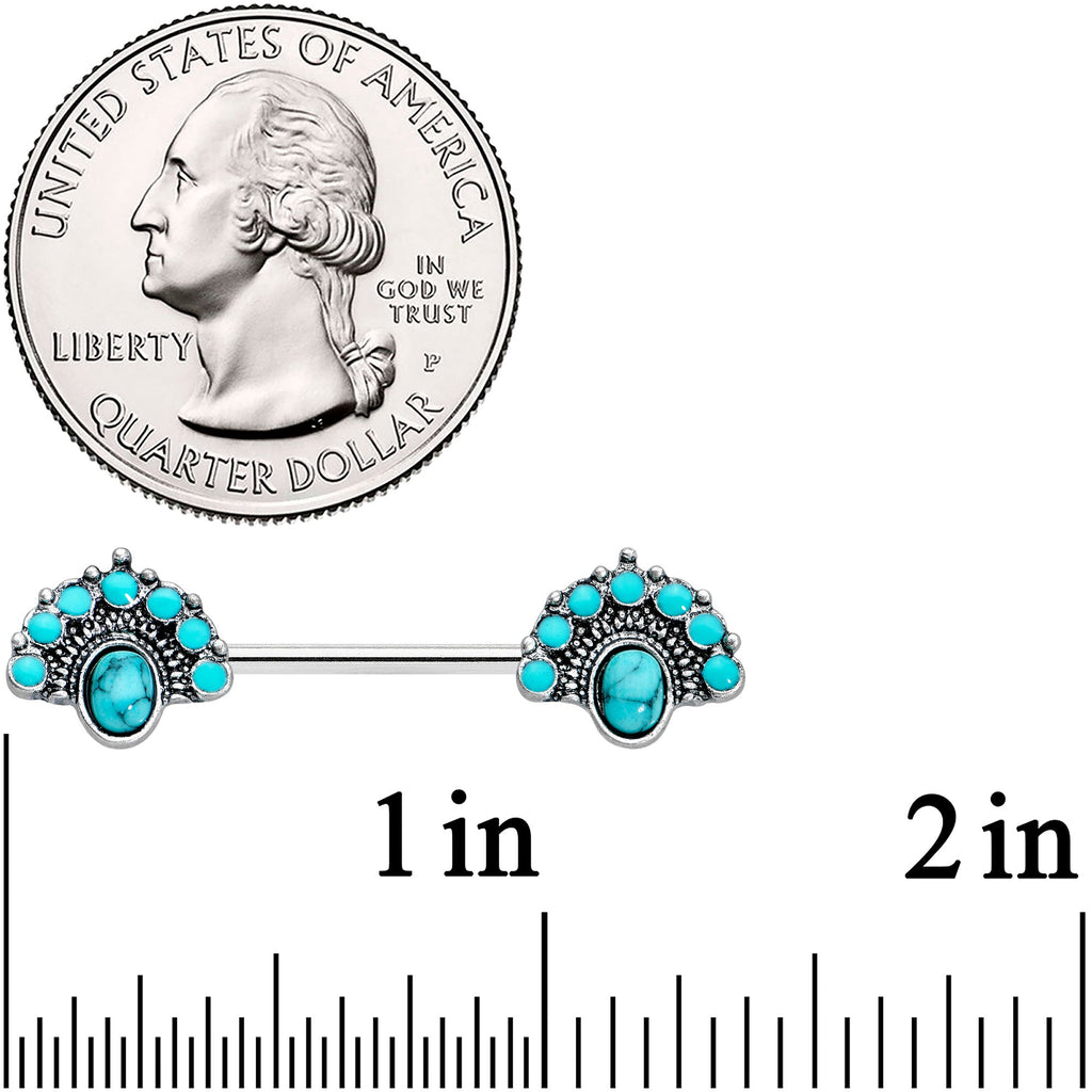 BodyCandy 14G 9/16 Blue Turquoise Southwest Shield Barbell Nipple Ring Set — lifestyle context