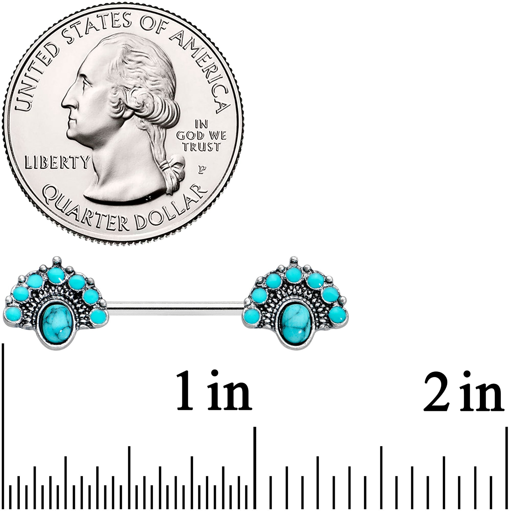 BodyCandy 14G 9/16 Blue Turquoise Southwest Shield Barbell Nipple Ring Set — lifestyle context