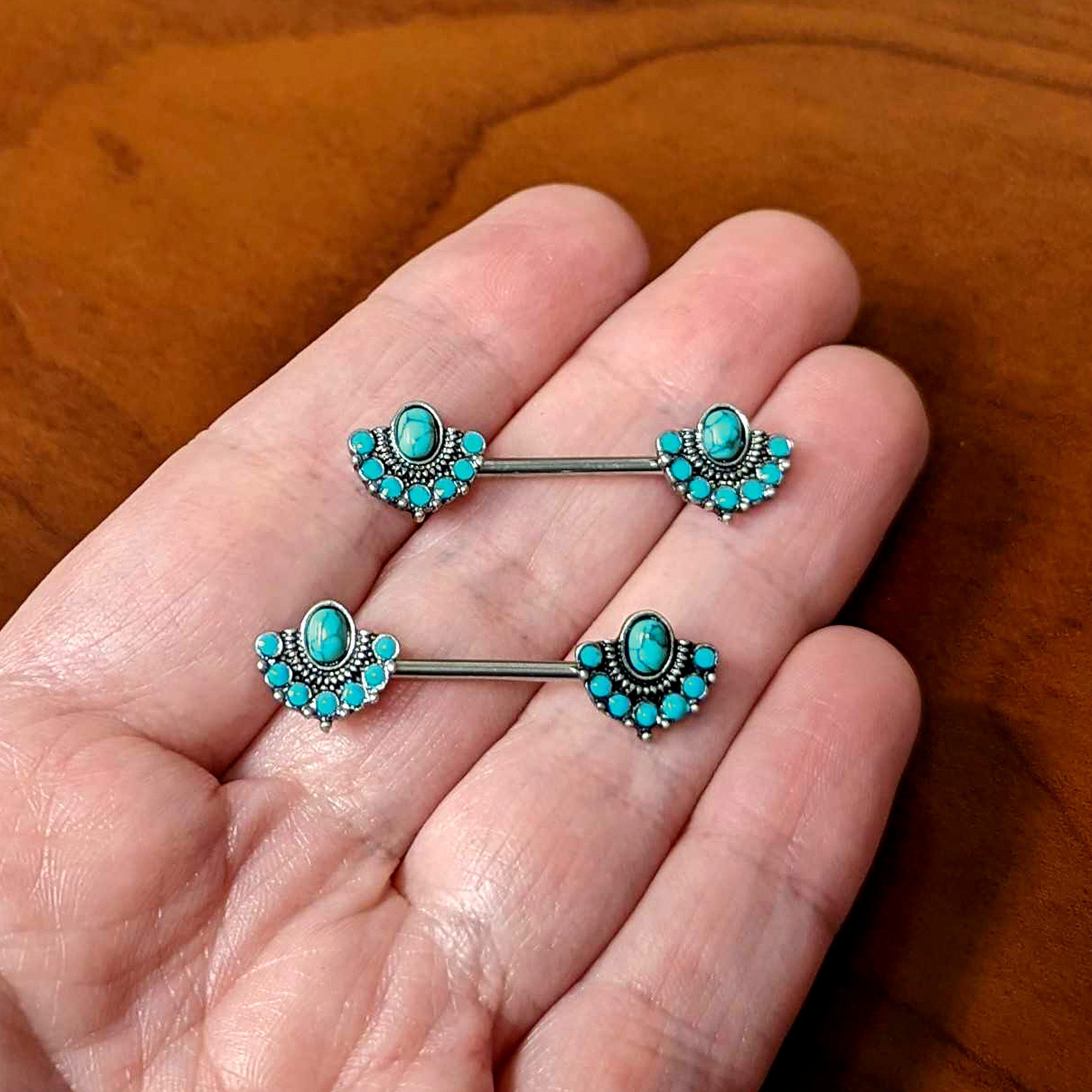 BodyCandy 14G 9/16 Blue Turquoise Southwest Shield Barbell Nipple Ring Set — side view