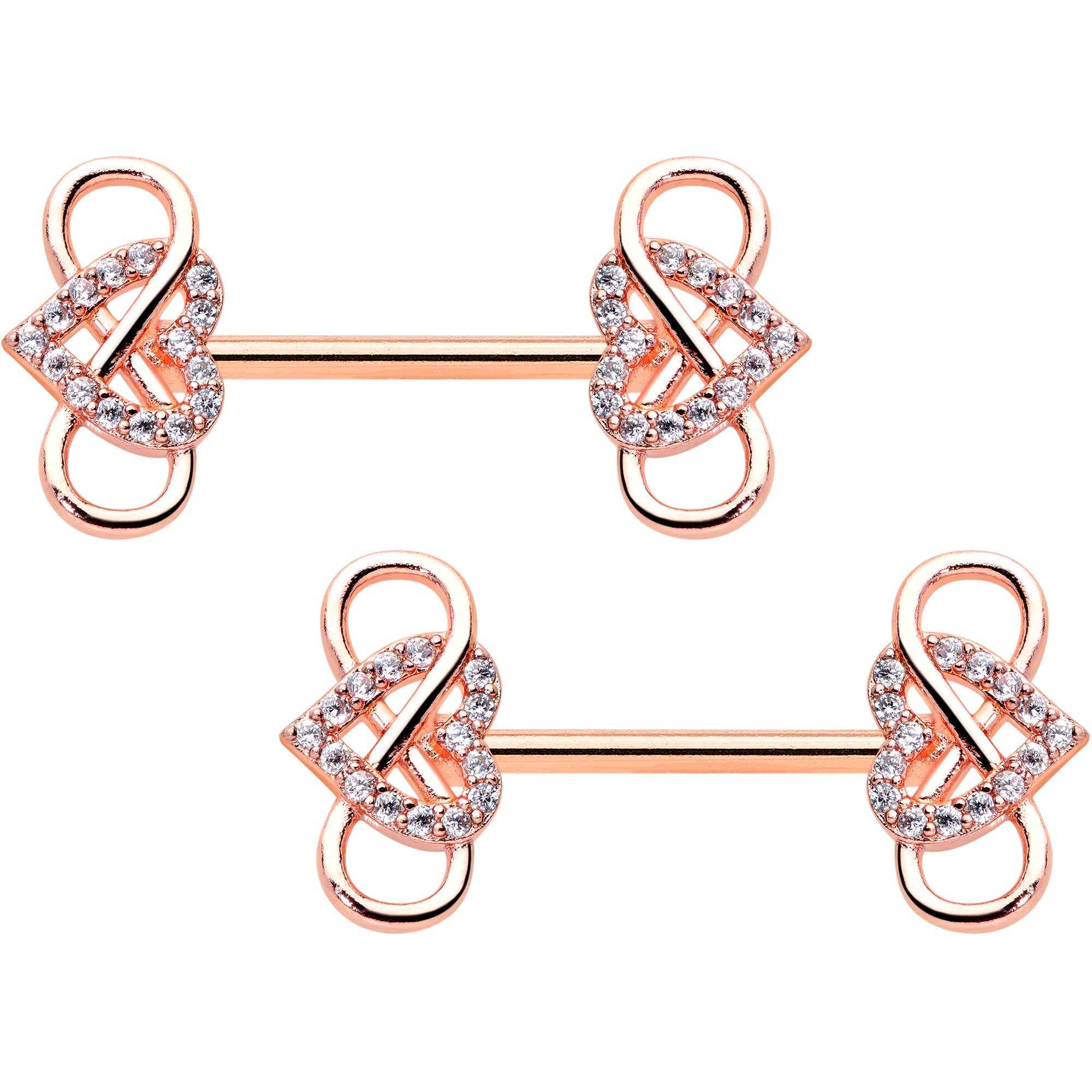 BodyCandy 14G 1/2 Clear CZ Gem Rose Gold Hue Infinity Heart Nipple Ring Set — main product shot