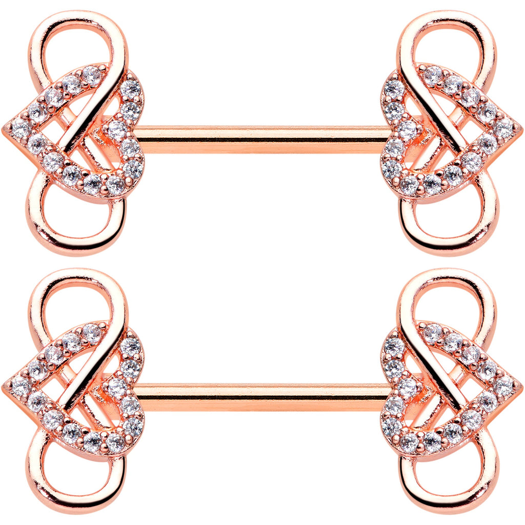 BodyCandy 14G 1/2 Clear CZ Gem Rose Gold Hue Infinity Heart Nipple Ring Set — detail close-up