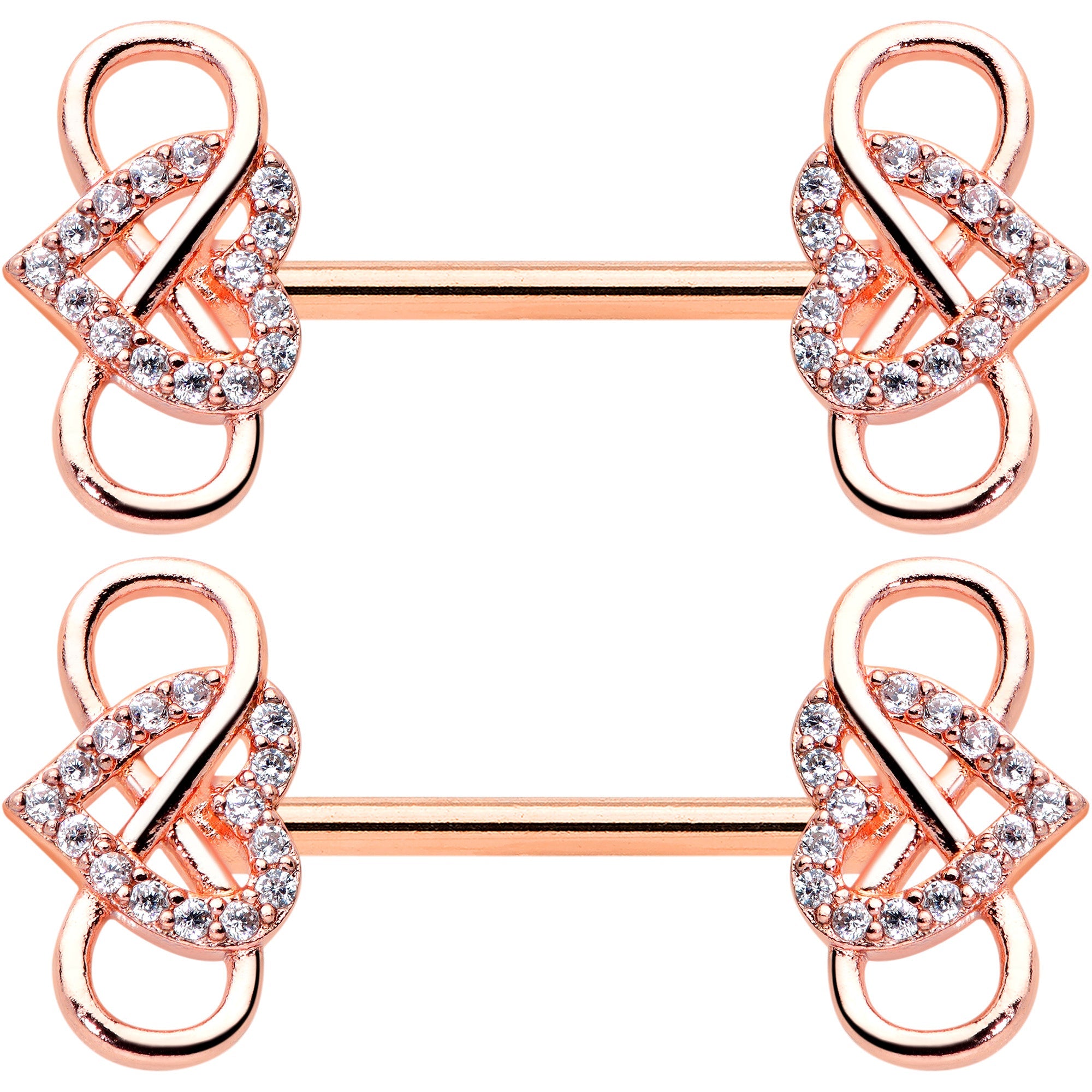 BodyCandy 14G 1/2 Clear CZ Gem Rose Gold Hue Infinity Heart Nipple Ring Set — detail close-up