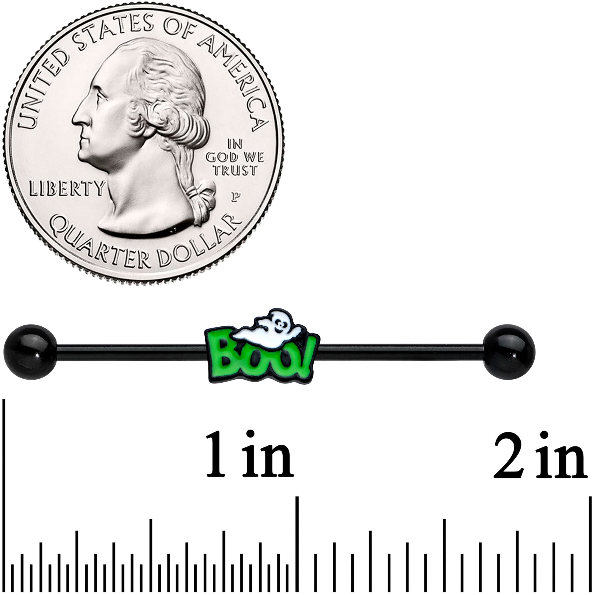 BodyCandy 14G Black Green Boo Ghost Halloween Industrial Barbell 38mm — detail close-up