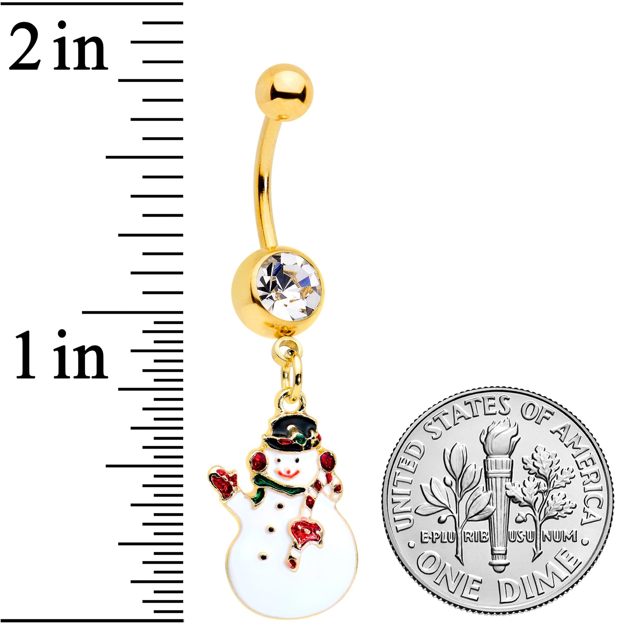 BodyCandy Clear Gem Gold Tone Winter Snowman Christmas Dangle Belly Ring — detail close-up