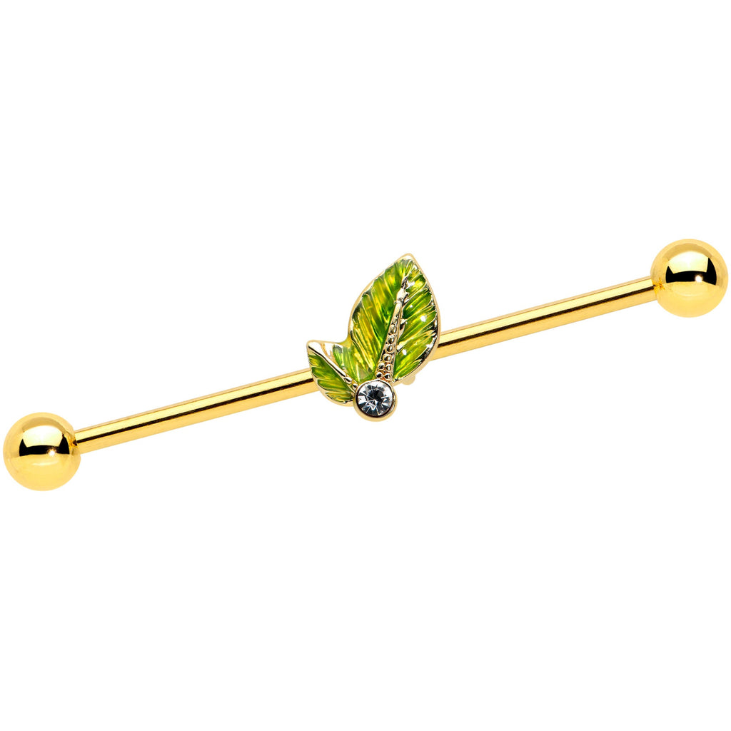 BodyCandy 14G Clear Gem Gold Tone Lush Green Leaves Industrial Barbell 38mm — main product shot