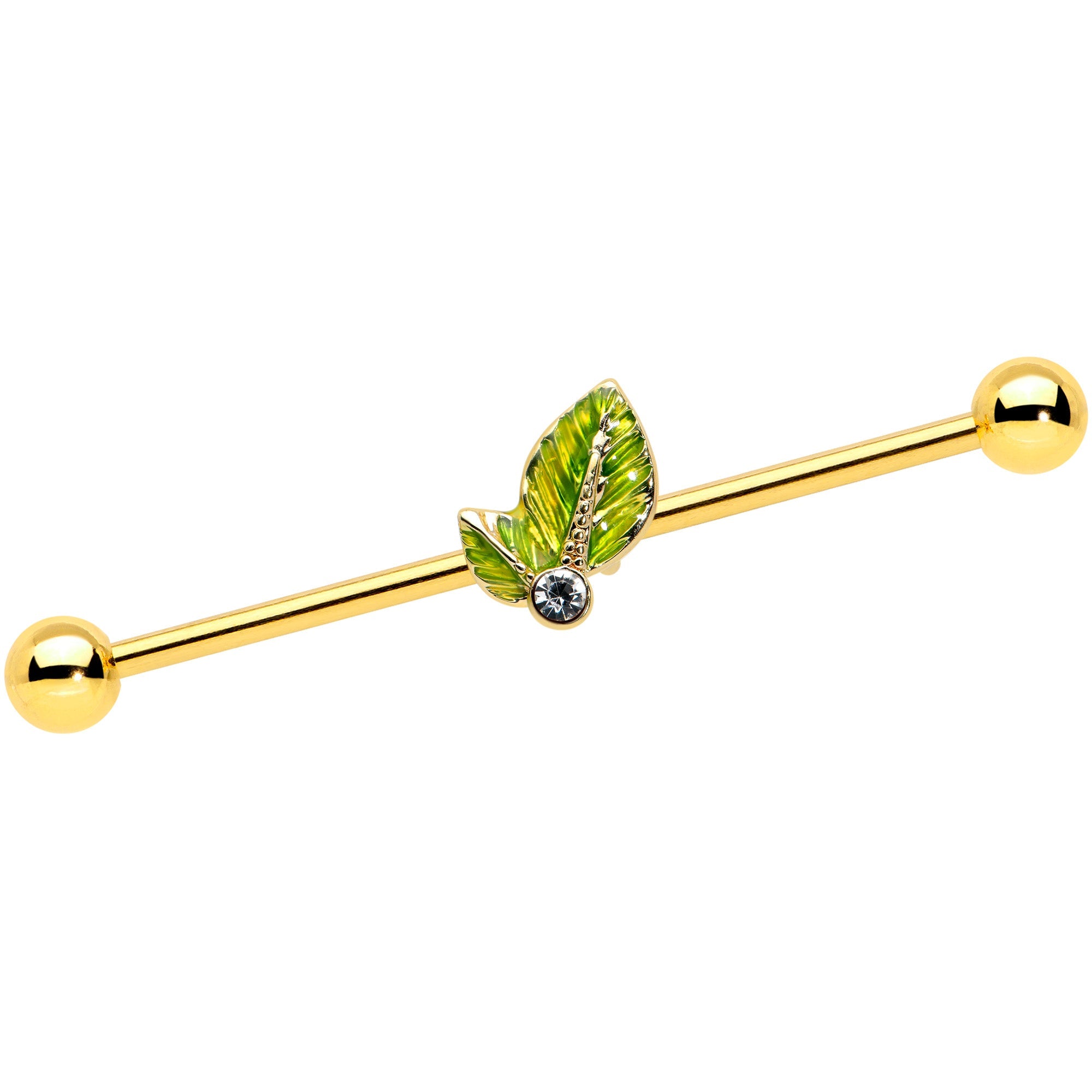 BodyCandy 14G Clear Gem Gold Tone Lush Green Leaves Industrial Barbell 38mm — main product shot