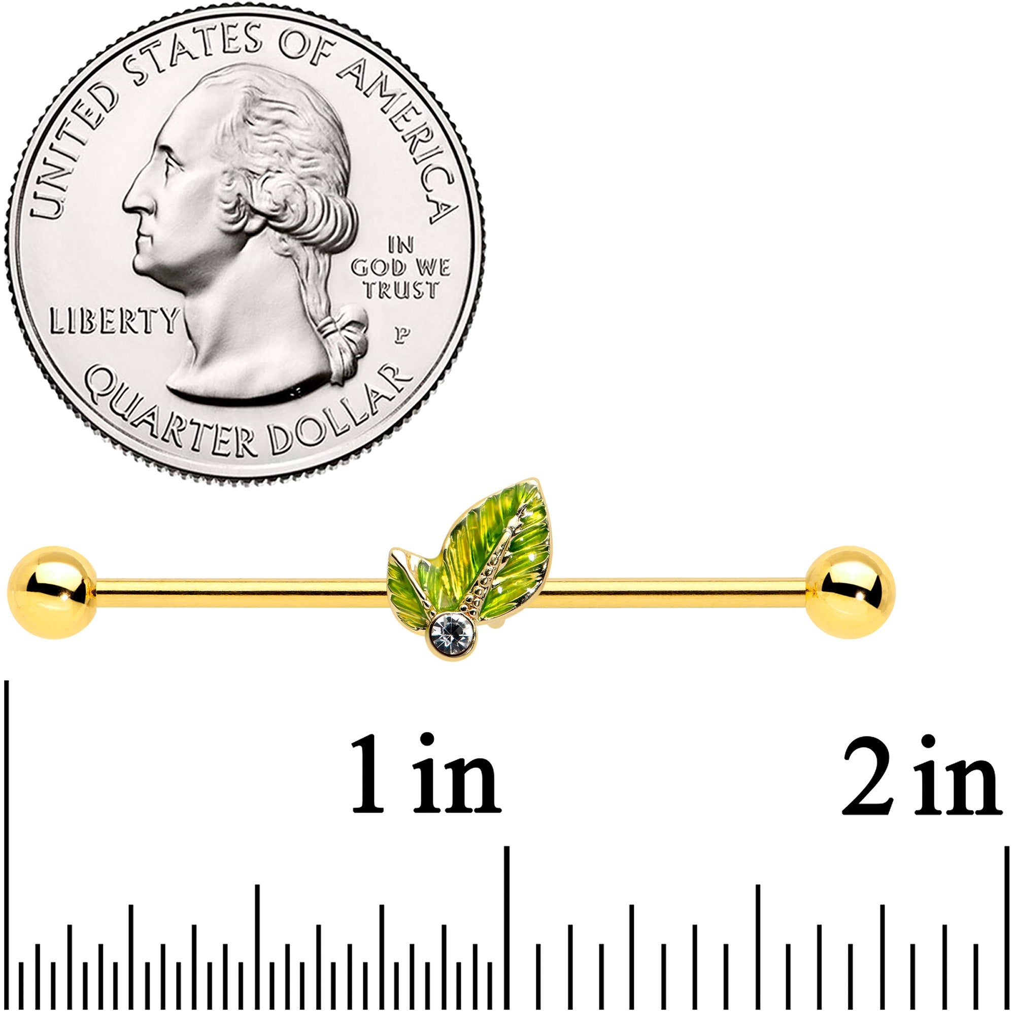 BodyCandy 14G Clear Gem Gold Tone Lush Green Leaves Industrial Barbell 38mm — detail close-up