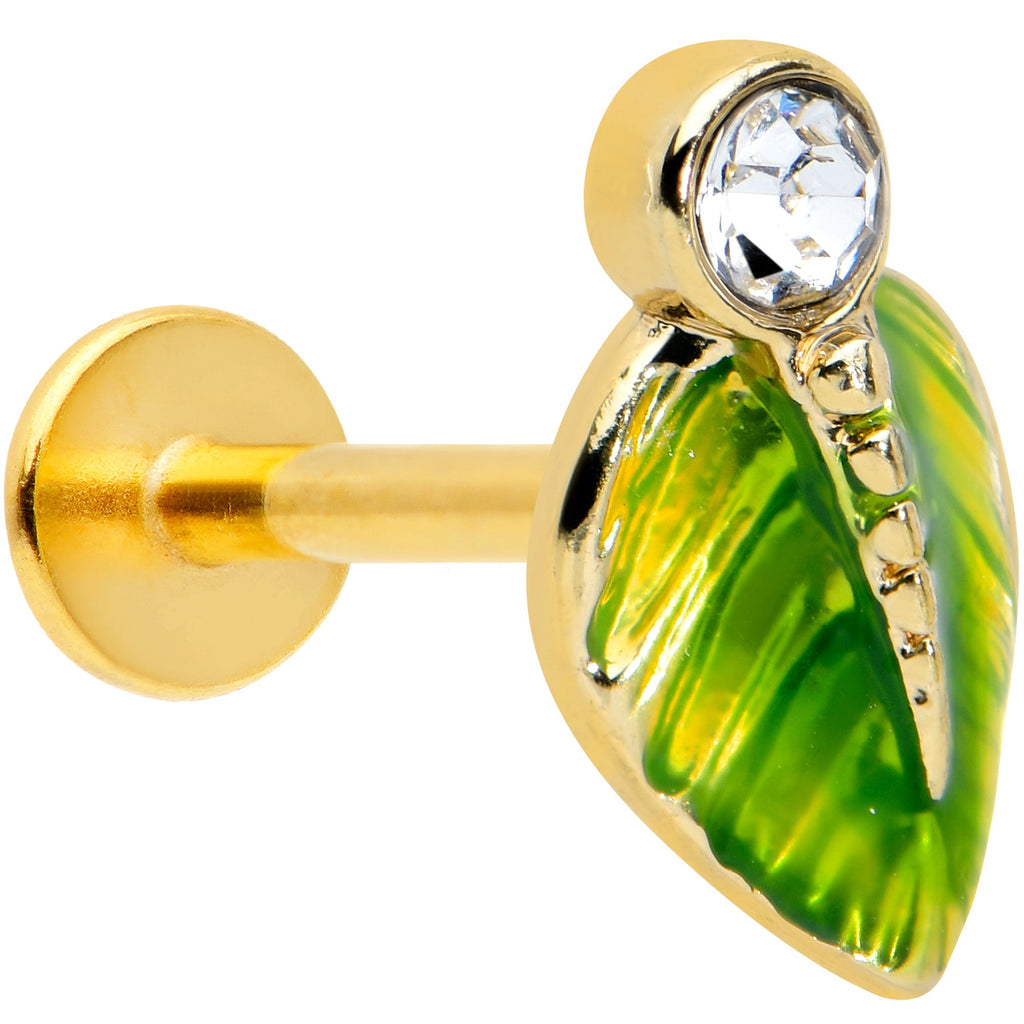 BodyCandy 16G 5/16 Clear Gem Gold Tone Lush Green Leaf Labret Monroe Tragus — main product shot