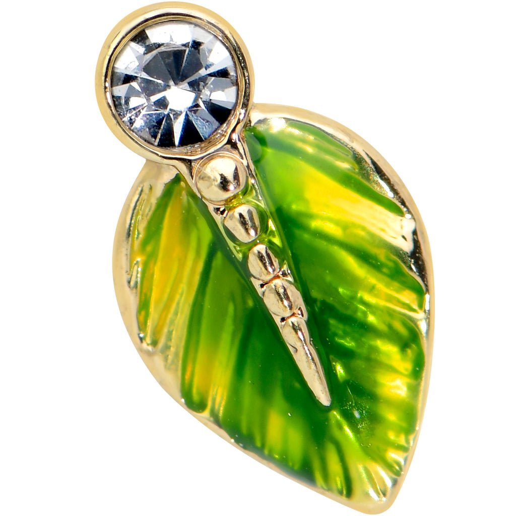 BodyCandy 16G 5/16 Clear Gem Gold Tone Lush Green Leaf Labret Monroe Tragus — detail close-up