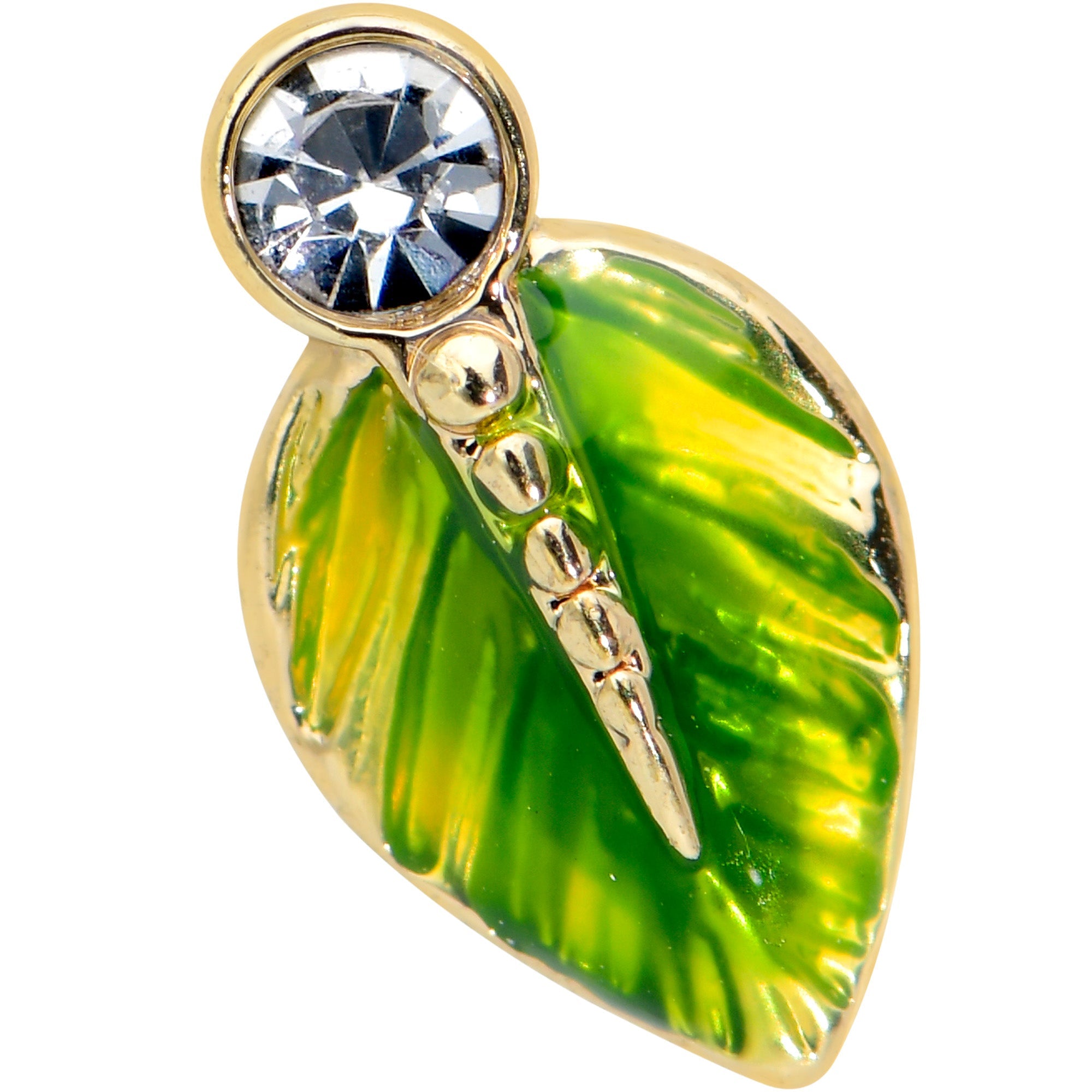 BodyCandy 16G 5/16 Clear Gem Gold Tone Lush Green Leaf Labret Monroe Tragus — detail close-up