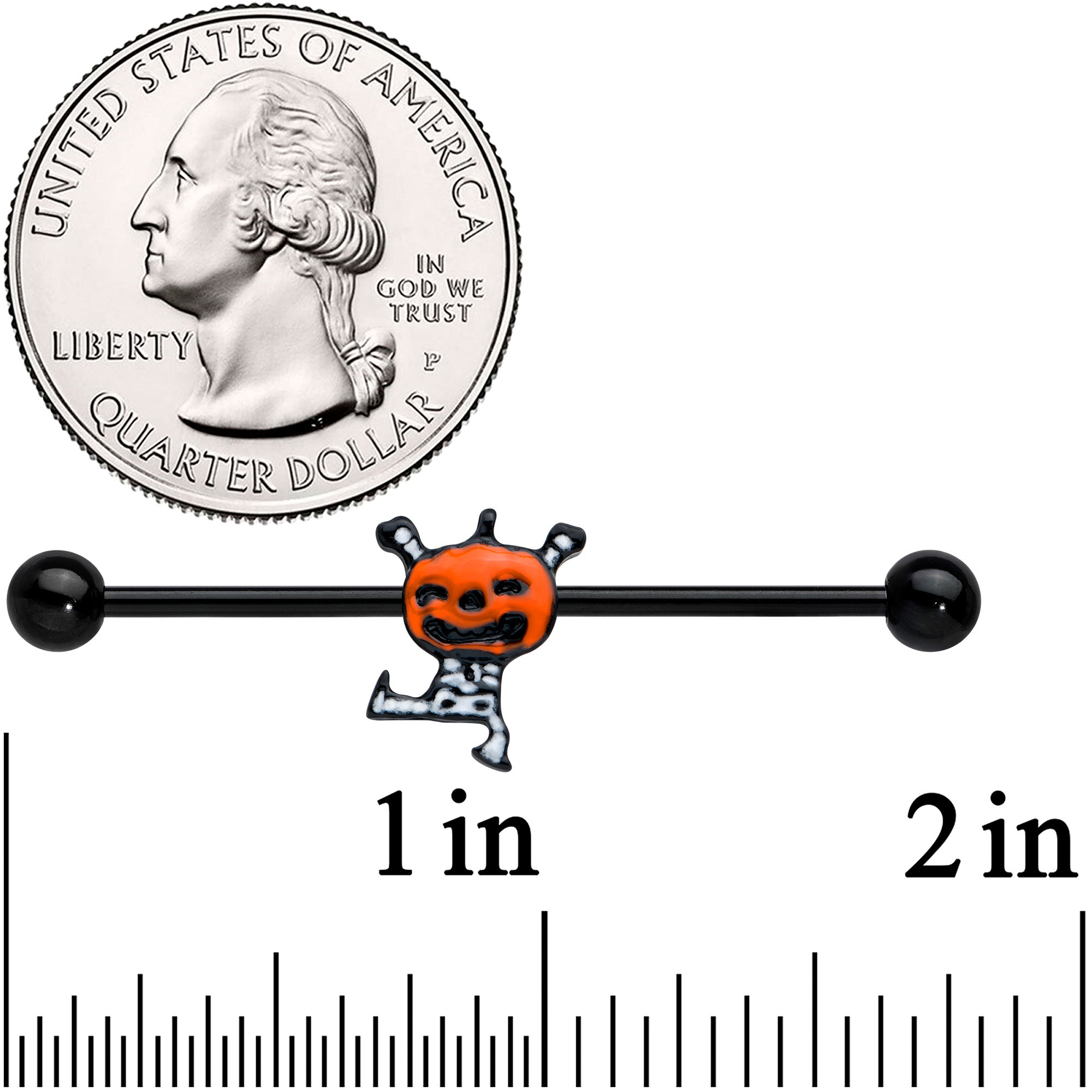 BodyCandy 14G Dancing Skeleton Pumpkin Halloween Industrial Barbell 38mm — detail close-up