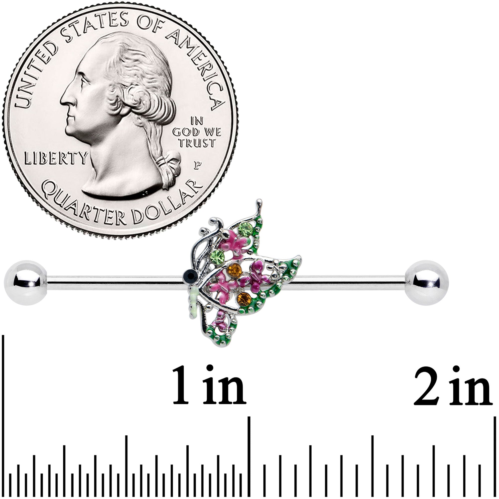BodyCandy 14G Pink Gem Openwork Butterfly Industrial Barbell 38mm — detail close-up