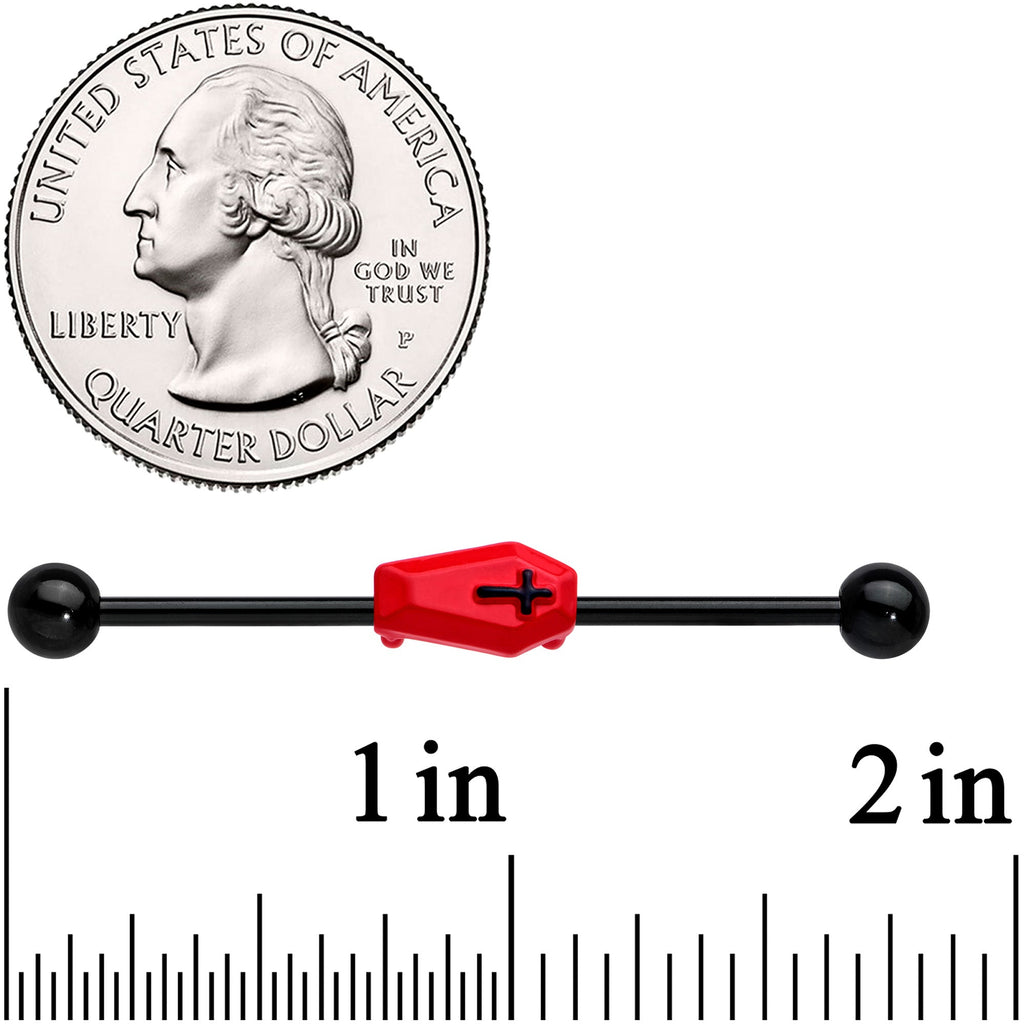 BodyCandy 14G Black Red Coffin Halloween Industrial Barbell 38mm — detail close-up