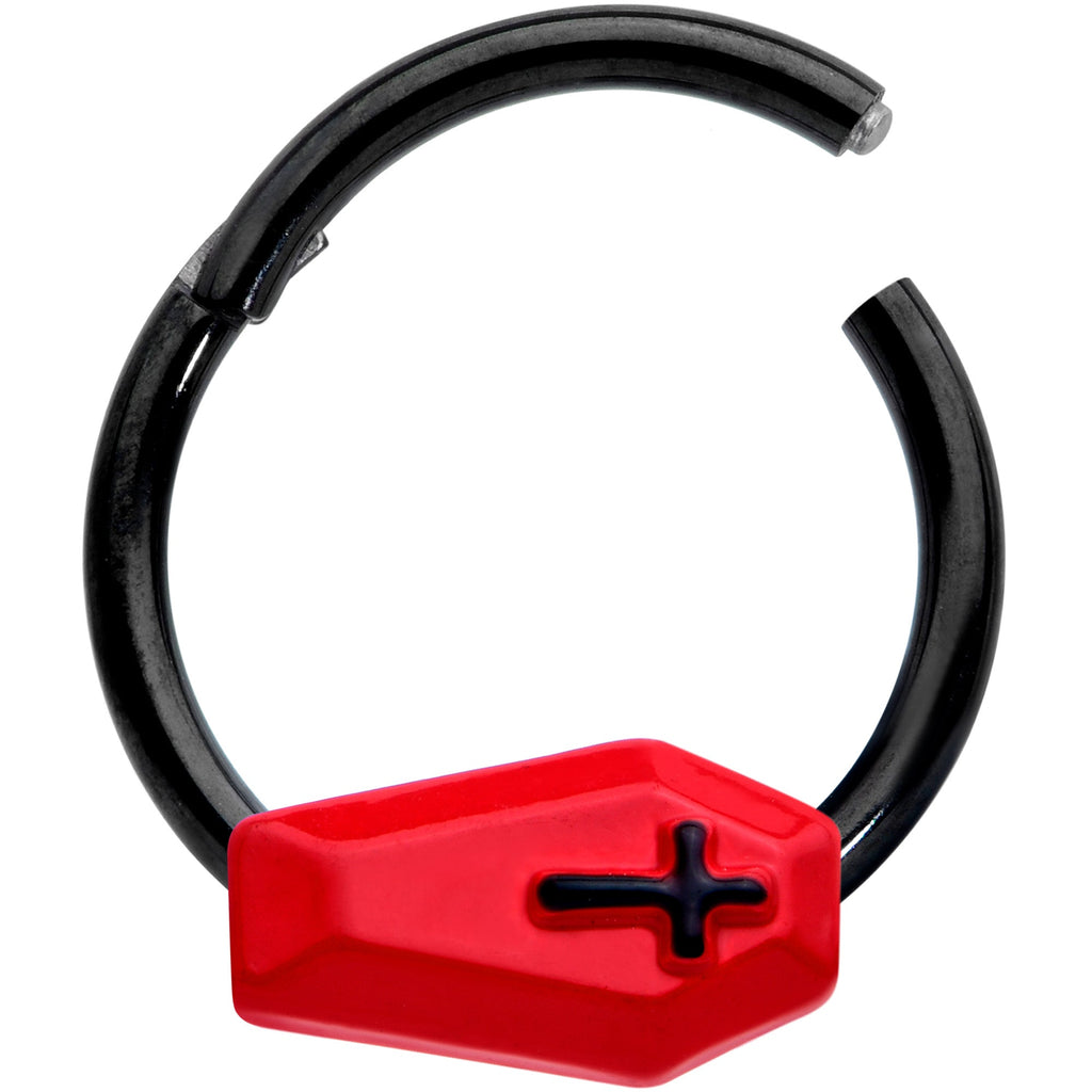 BodyCandy 16G 3/8 Black Red Coffin Halloween Segment Ring — detail close-up