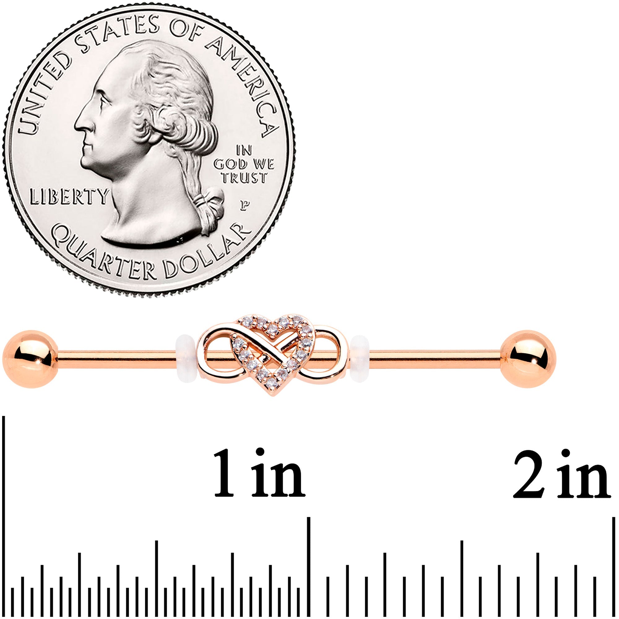 BodyCandy 14G Clear CZ Gem Rosy Infinity Heart Industrial Barbell 38mm — detail close-up