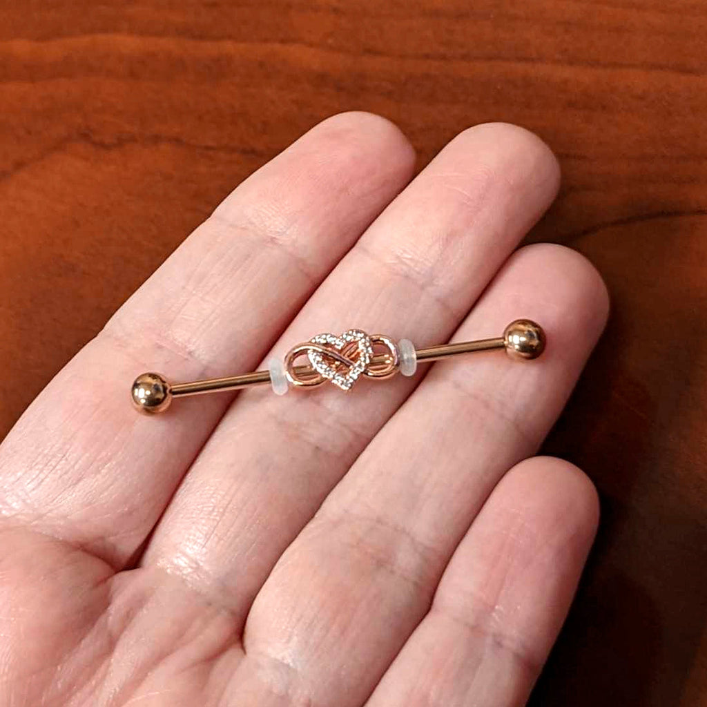 BodyCandy 14G Clear CZ Gem Rosy Infinity Heart Industrial Barbell 38mm — lifestyle context