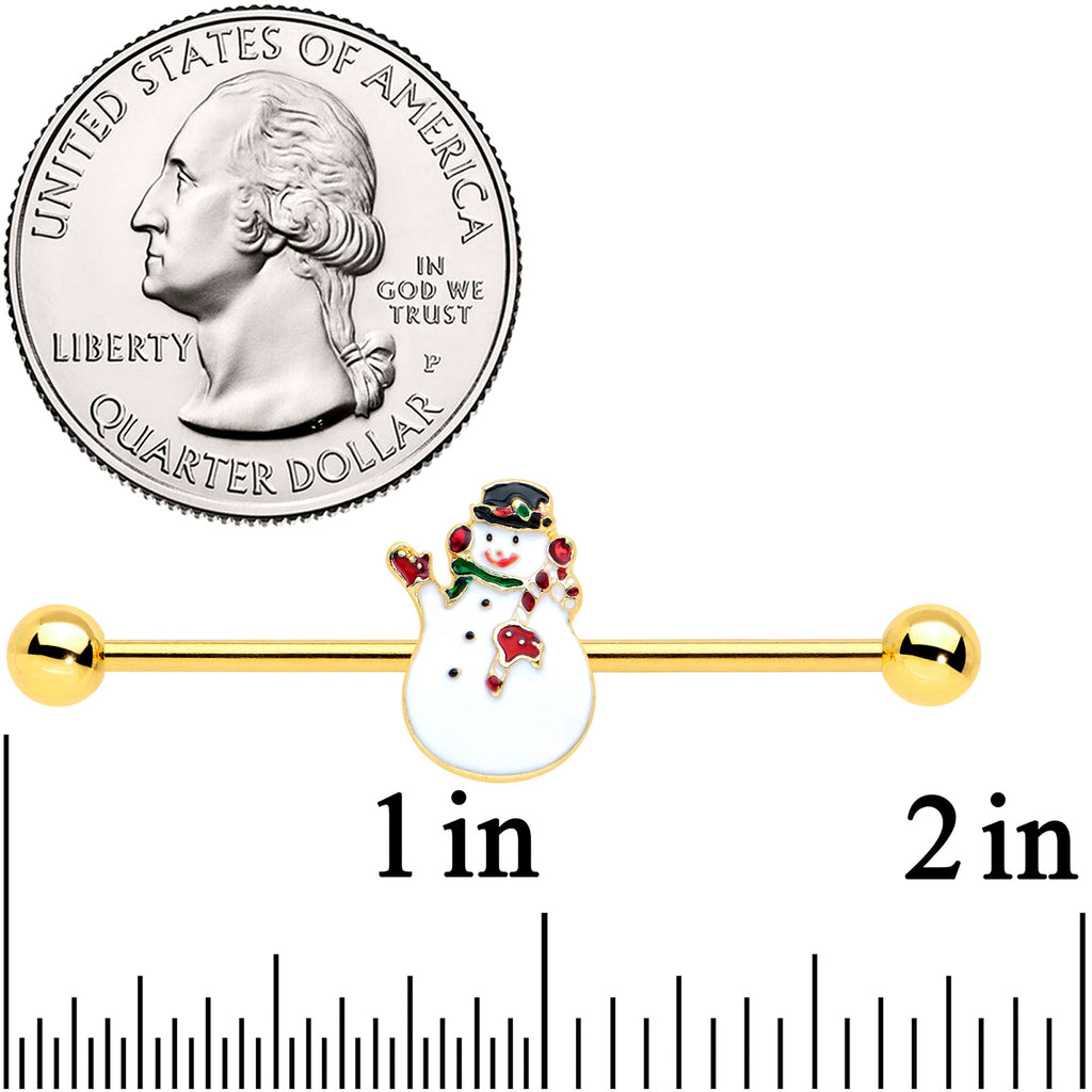 BodyCandy 14G Gold Tone Winter Snowman Christmas Industrial Barbell 38mm — detail close-up