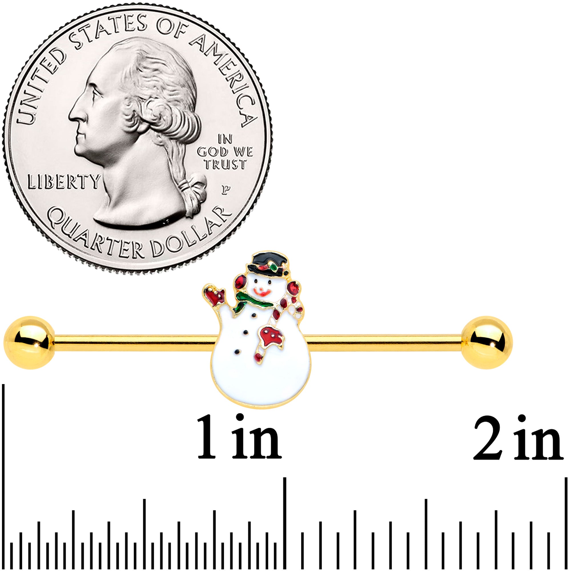 BodyCandy 14G Gold Tone Winter Snowman Christmas Industrial Barbell 38mm — detail close-up