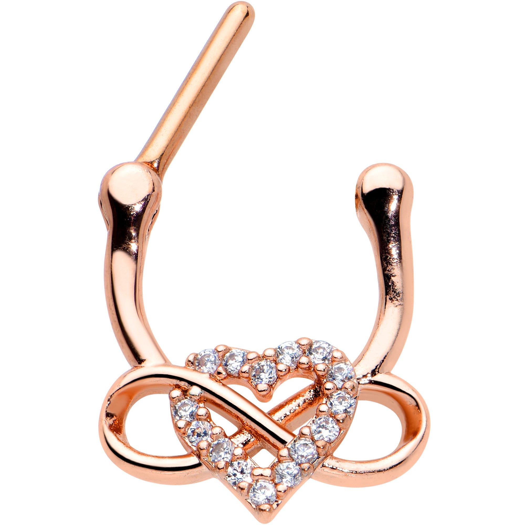 BodyCandy 16G 5/16 Clear CZ Gem Rose Gold Tone Infinity Heart Clicker — detail close-up