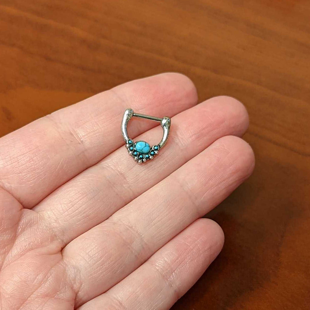 BodyCandy 16G 5/16 Blue Turquoise Stone Shield Cartilage Clicker — side view