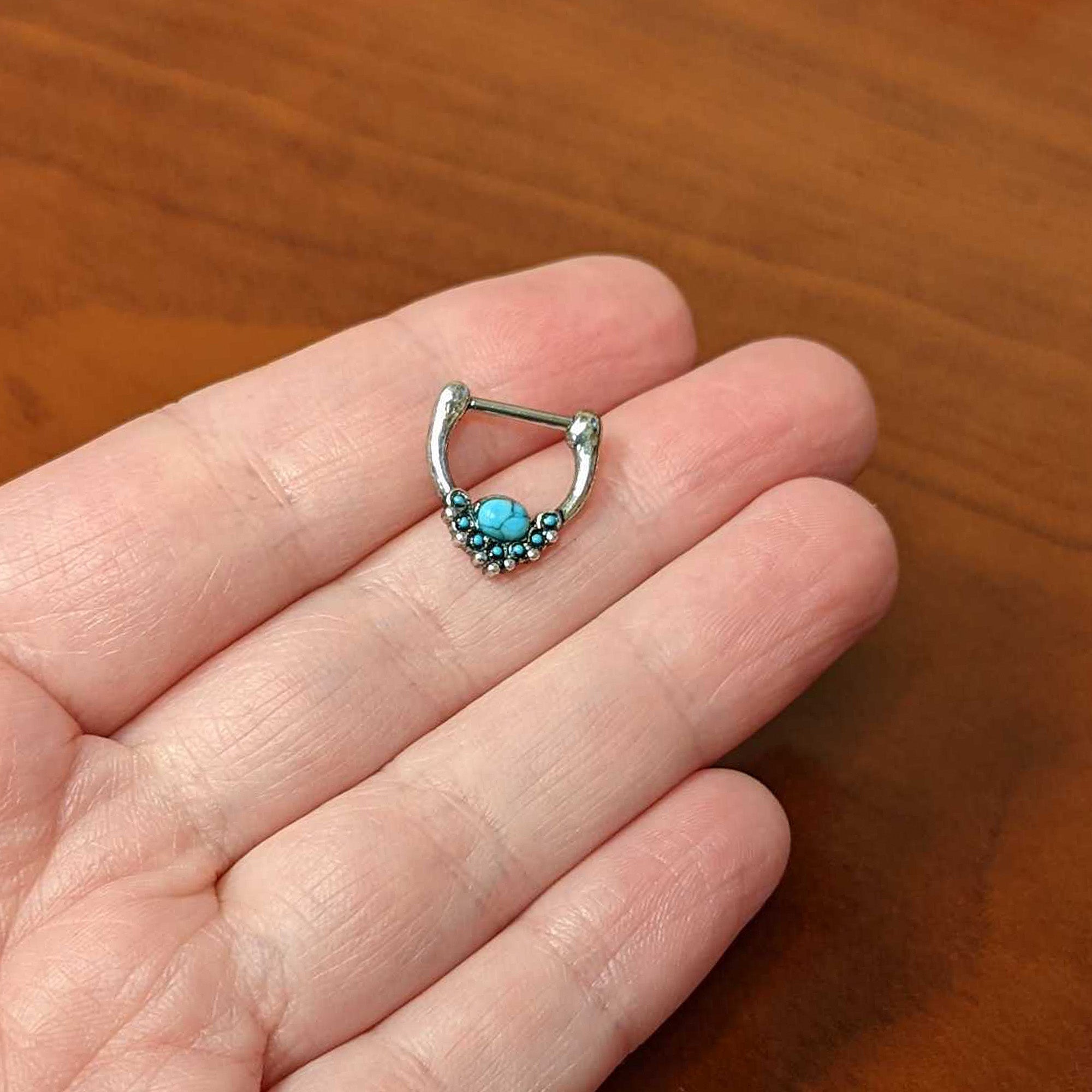 BodyCandy 16G 5/16 Blue Turquoise Stone Shield Cartilage Clicker — side view