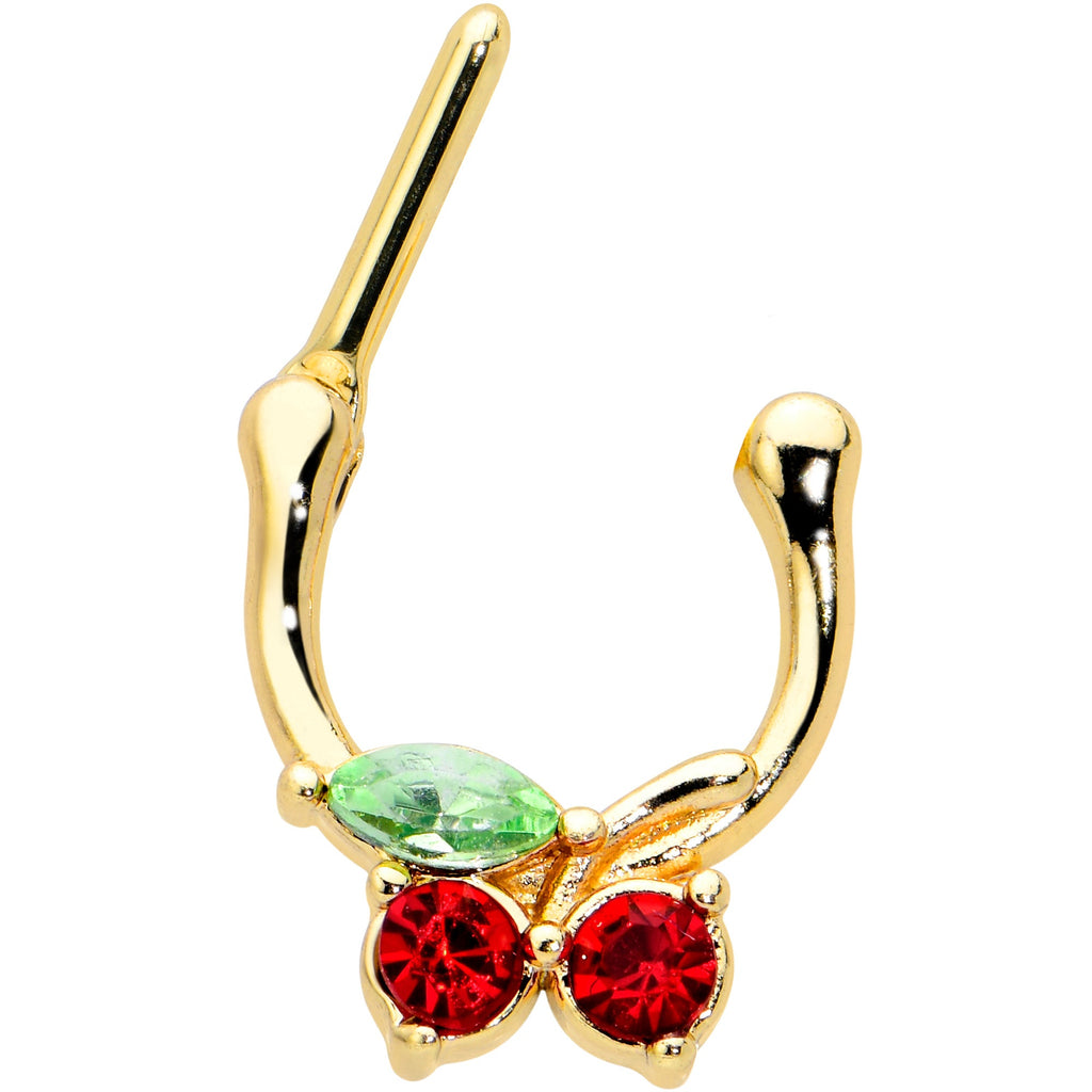 BodyCandy 16G 5/16 Red Green Gem Gold Tone Tasty Cherry Cartilage Clicker — detail close-up