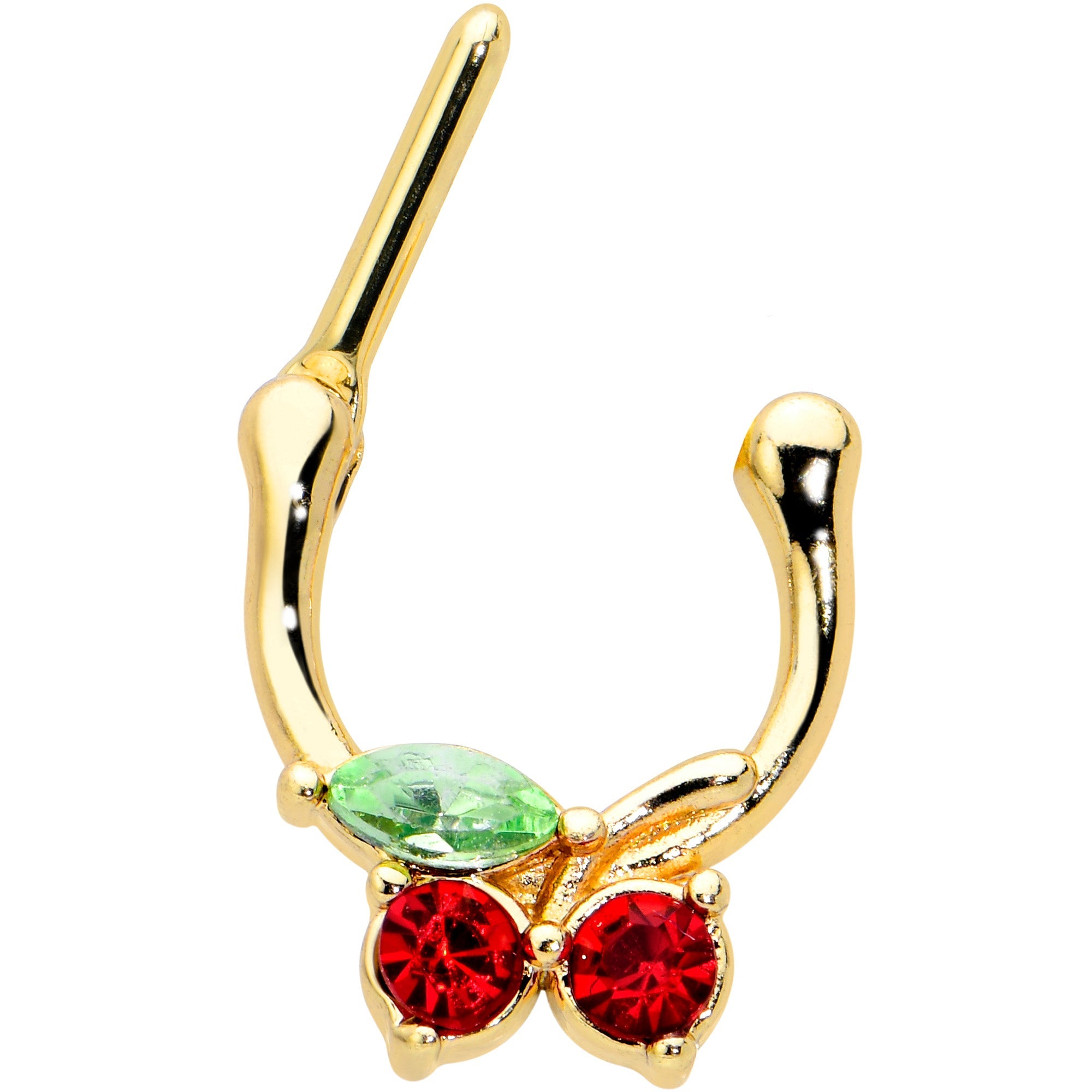 BodyCandy 16G 5/16 Red Green Gem Gold Tone Tasty Cherry Cartilage Clicker — detail close-up