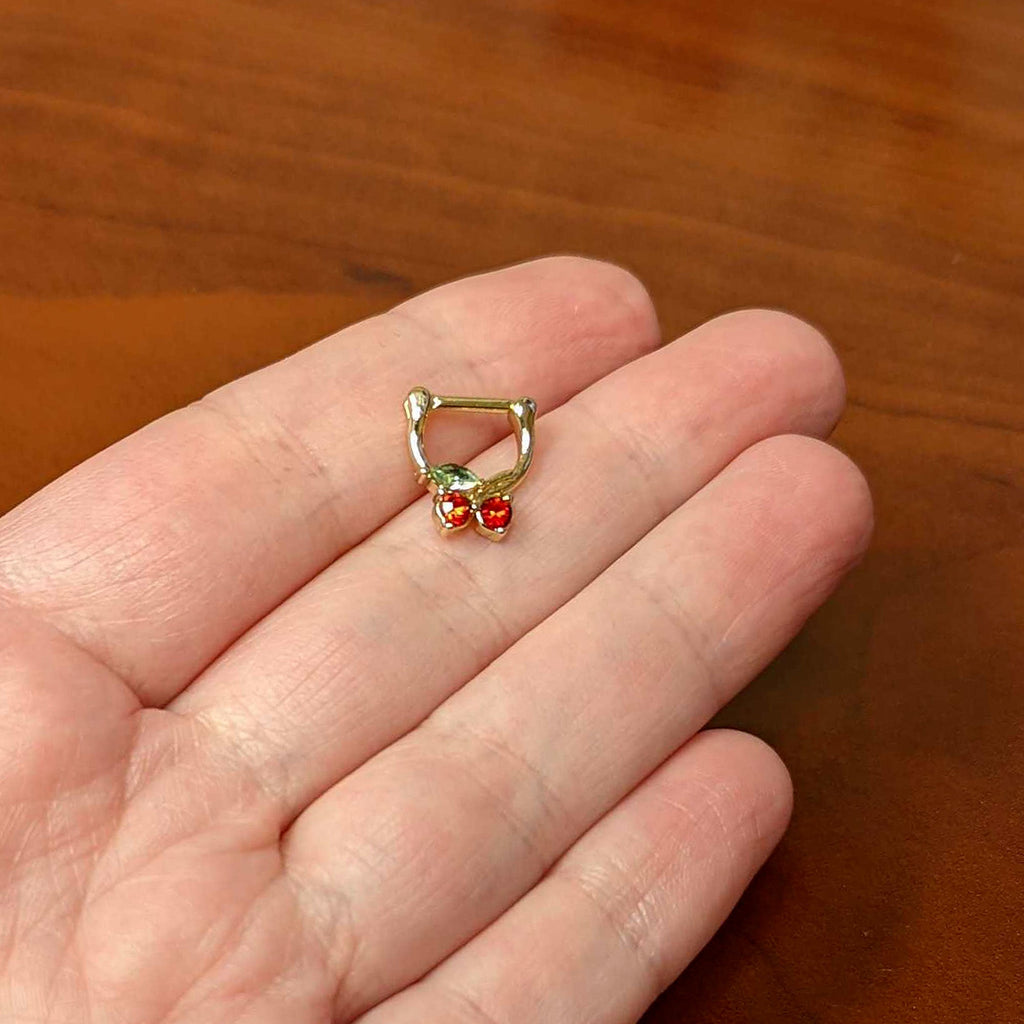 BodyCandy 16G 5/16 Red Green Gem Gold Tone Tasty Cherry Cartilage Clicker — side view
