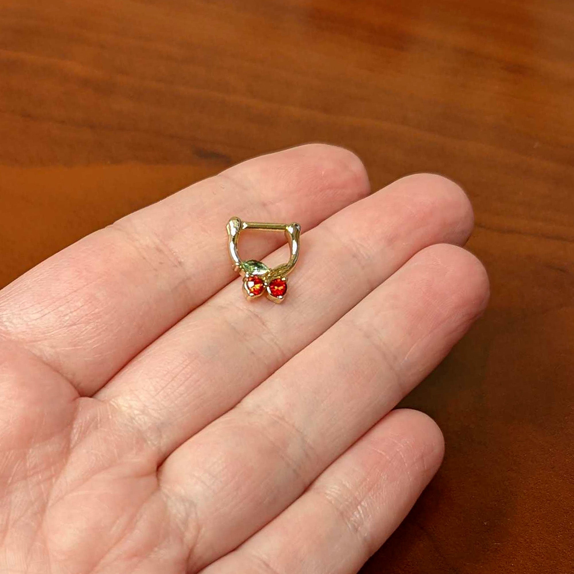 BodyCandy 16G 5/16 Red Green Gem Gold Tone Tasty Cherry Cartilage Clicker — side view