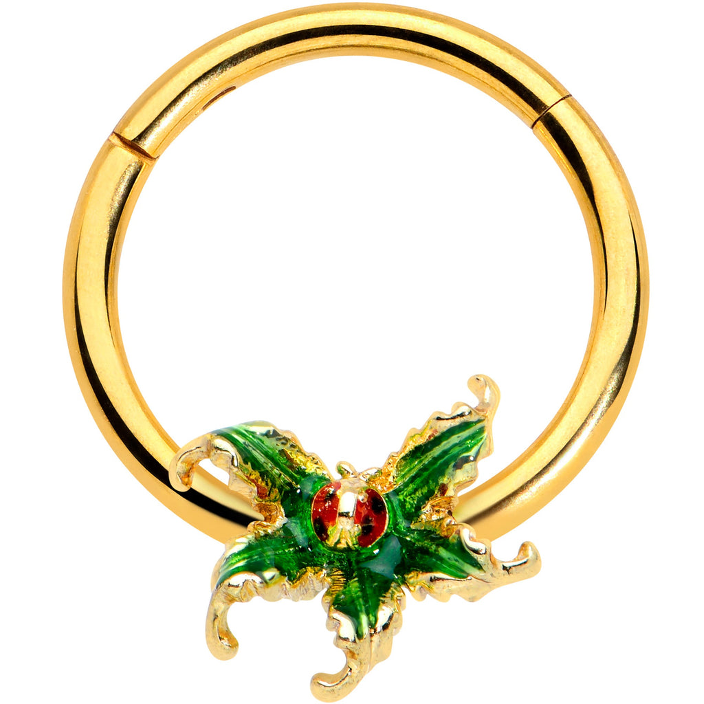 BodyCandy 16G 3/8 Gold Tone Tiny Ladybug Leaves Hinged Segment Ring — main product shot