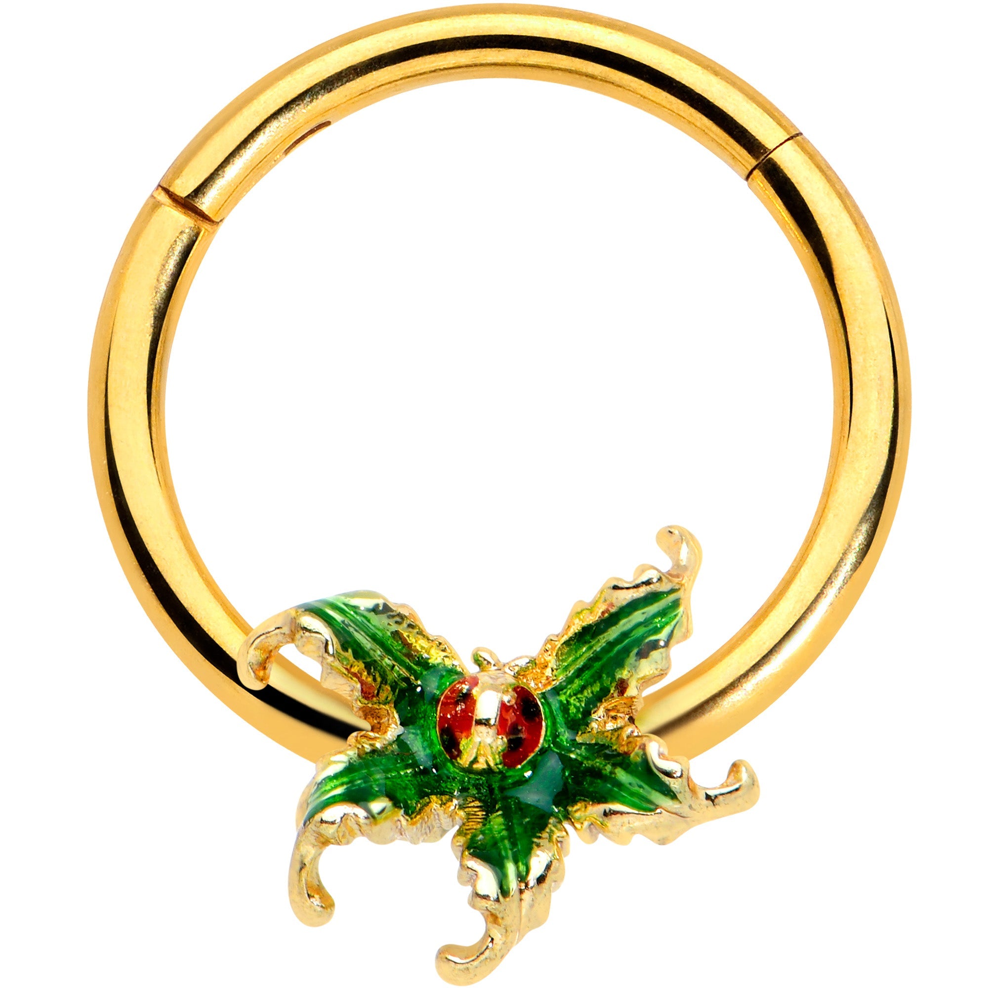 BodyCandy 16G 3/8 Gold Tone Tiny Ladybug Leaves Hinged Segment Ring — main product shot