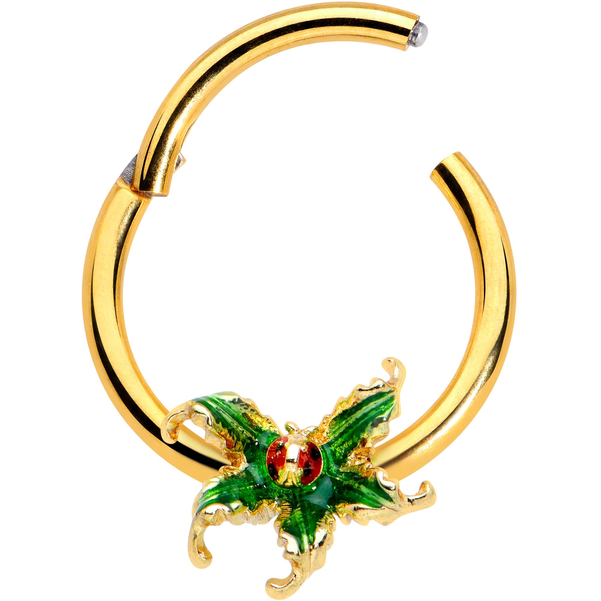 BodyCandy 16G 3/8 Gold Tone Tiny Ladybug Leaves Hinged Segment Ring — detail close-up