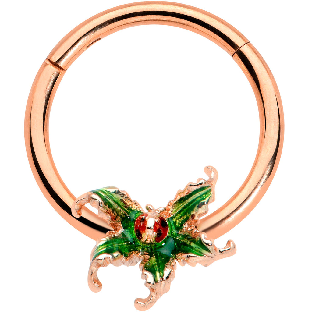BodyCandy 16G 3/8 Rose Gold Tone Tiny Ladybug Leaves Hinged Segment Ring — main product shot