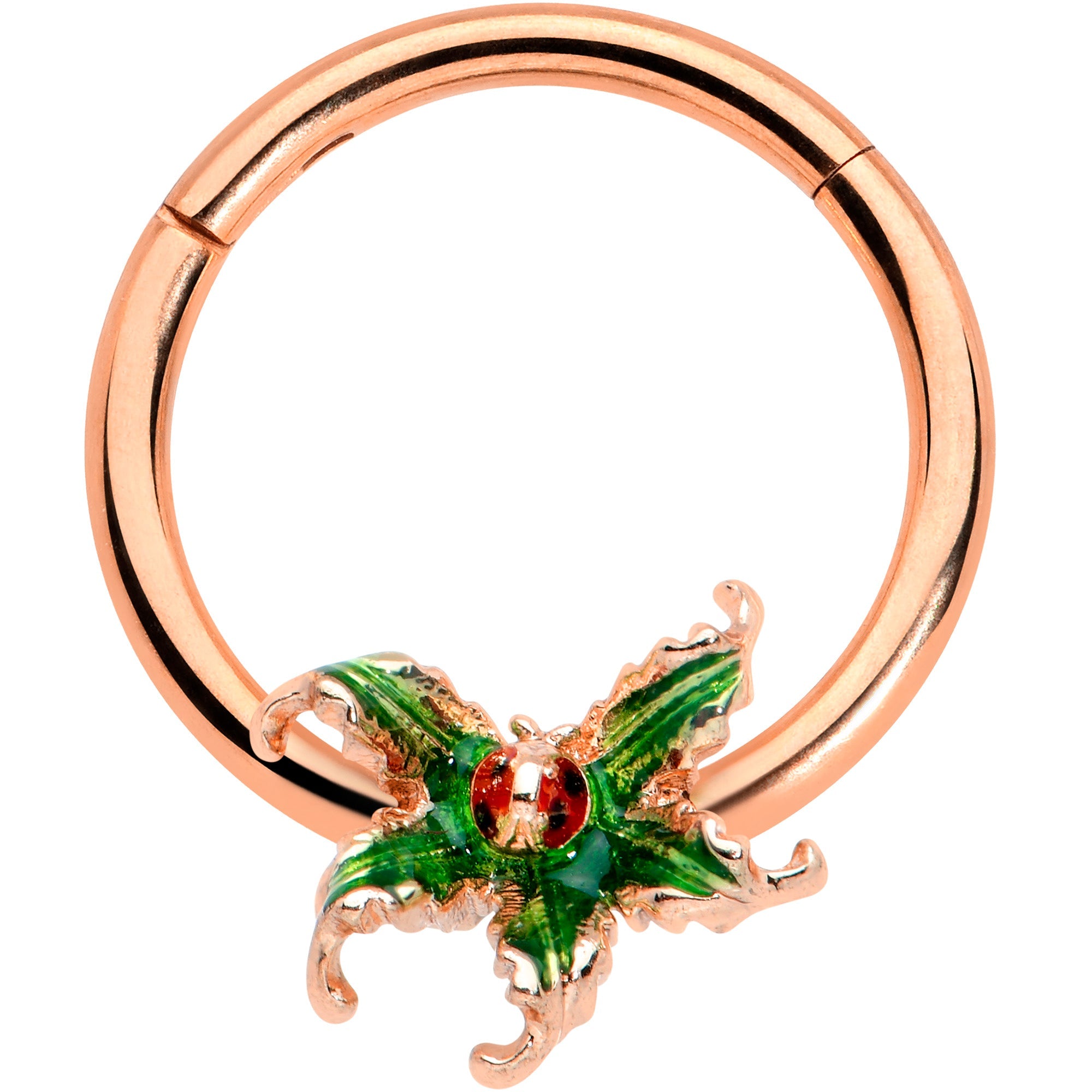 BodyCandy 16G 3/8 Rose Gold Tone Tiny Ladybug Leaves Hinged Segment Ring — main product shot