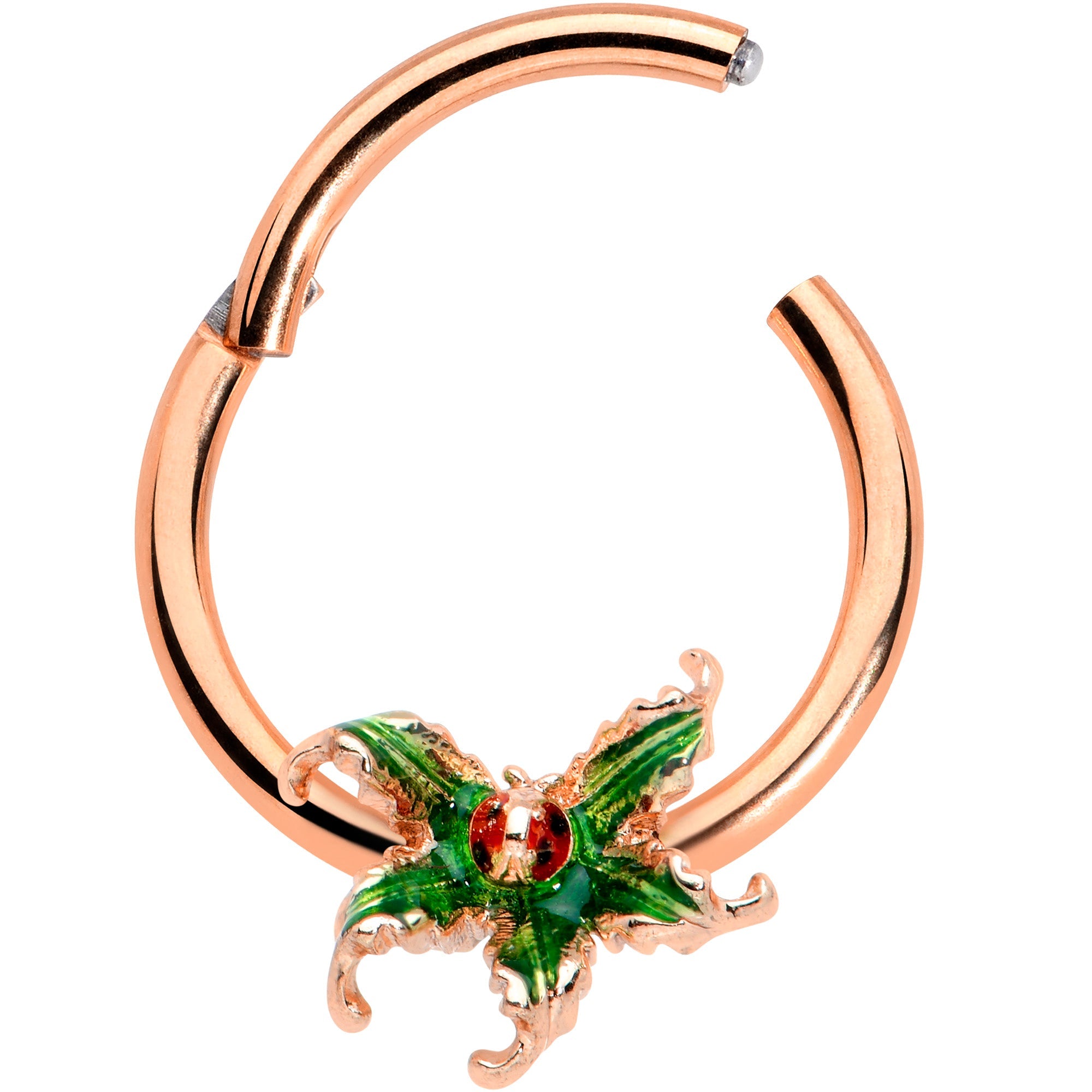 BodyCandy 16G 3/8 Rose Gold Tone Tiny Ladybug Leaves Hinged Segment Ring — detail close-up