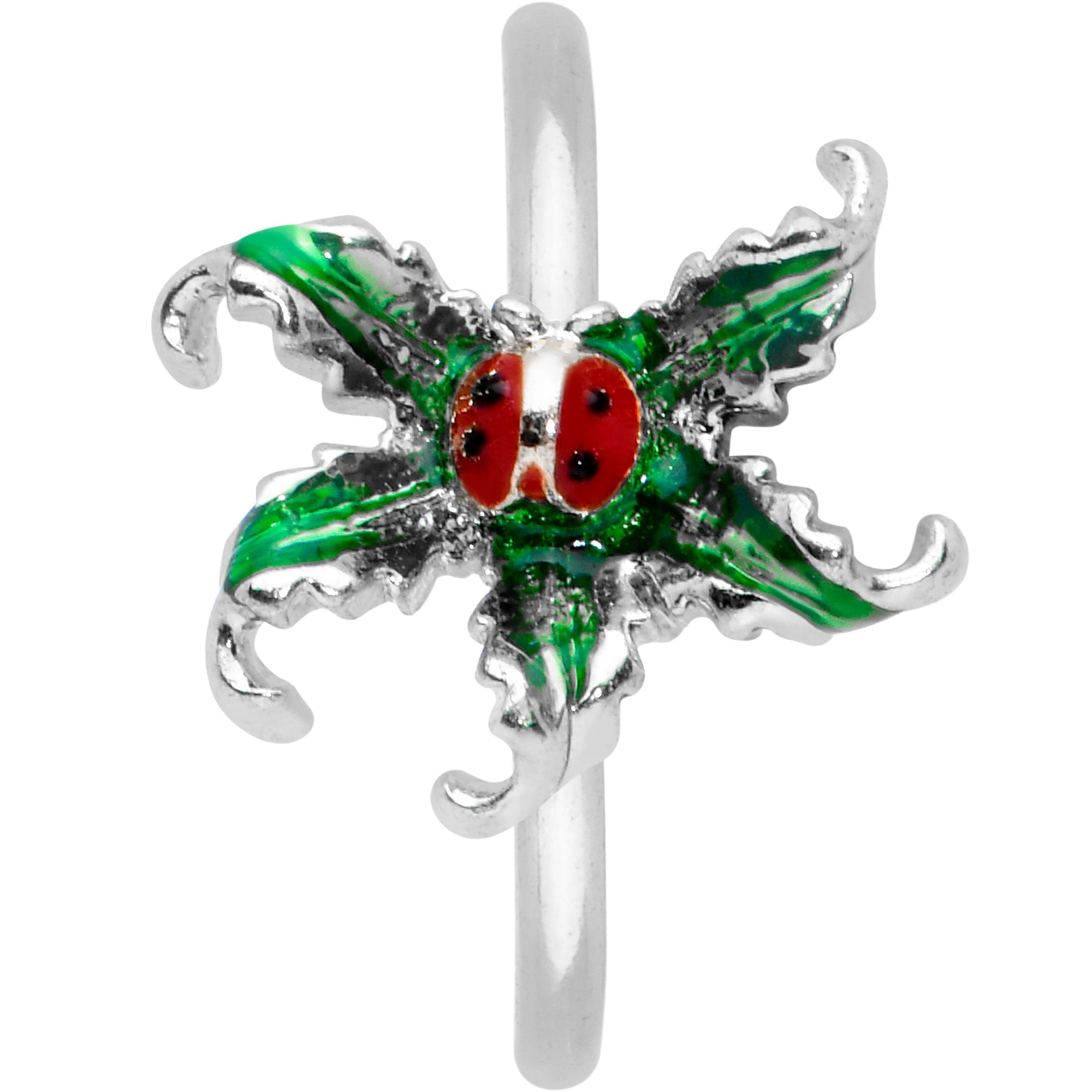 BodyCandy 20G 5/16 Tiny Ladybug Leaves Nose Hoop — detail close-up