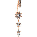 BodyCandy Clear Gem Rose Gold Tone Trio Top Double Flower Drop Dangle Belly Ring — main product shot