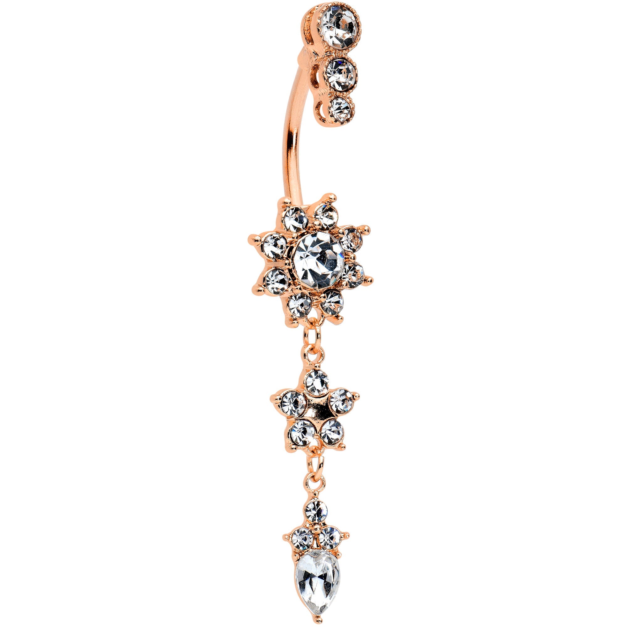 BodyCandy Clear Gem Rose Gold Tone Trio Top Double Flower Drop Dangle Belly Ring — main product shot