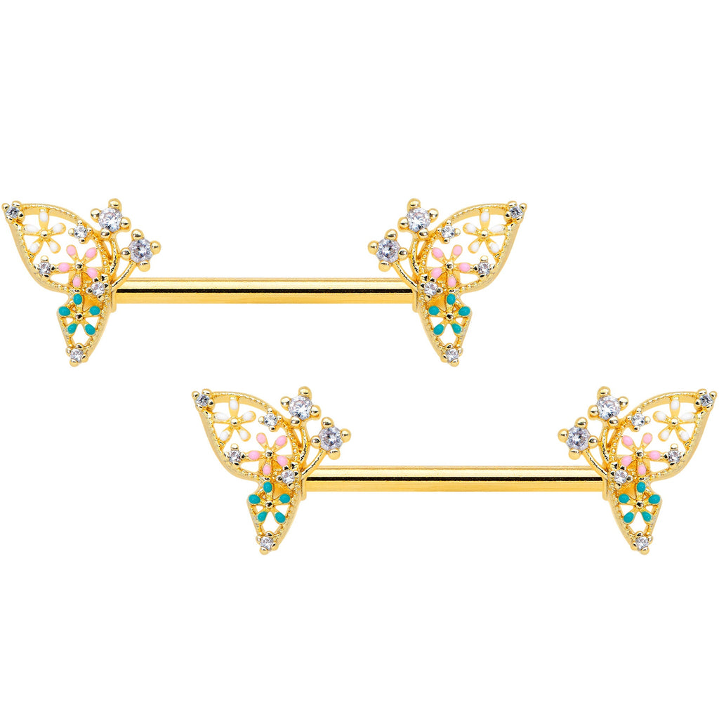 BodyCandy 14G 9/16 Clear CZ Gem Gold Hue Abstract Butterfly Nipple Ring Set — main product shot