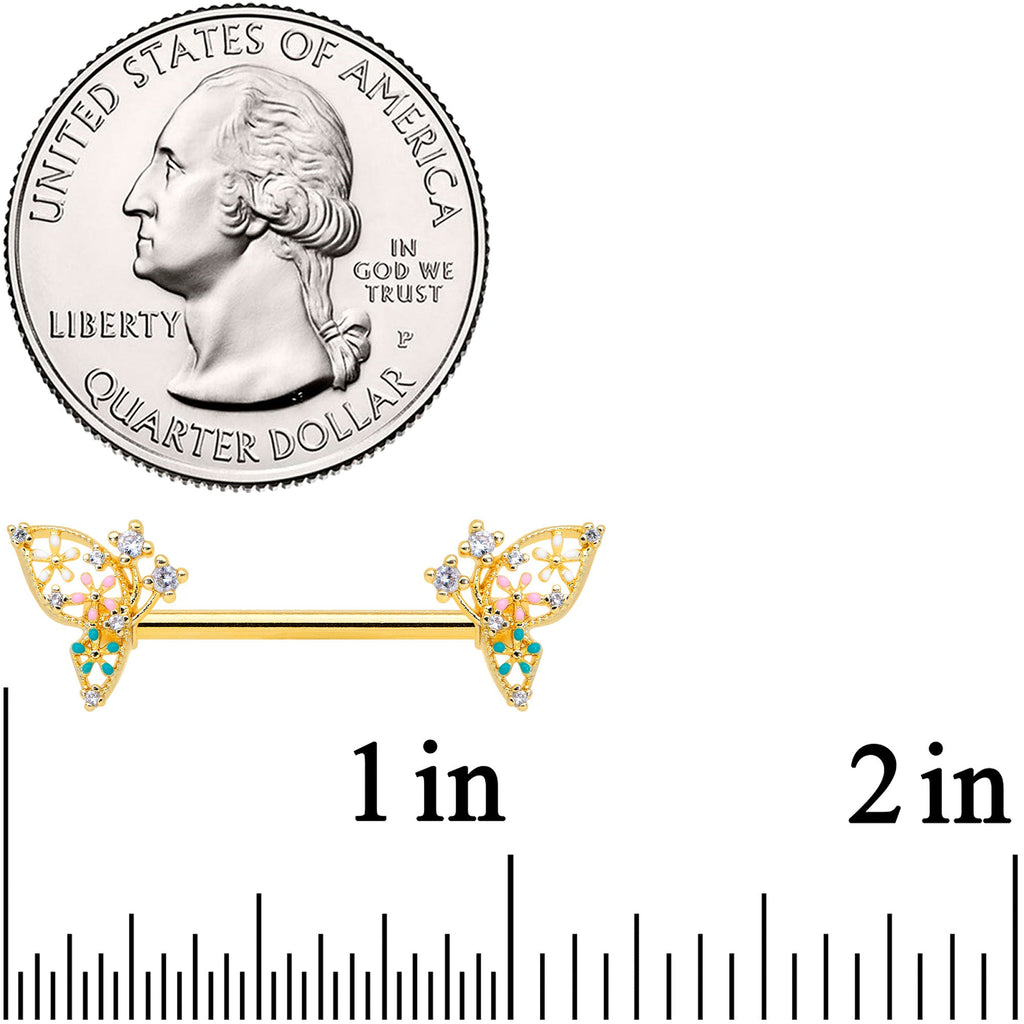 BodyCandy 14G 9/16 Clear CZ Gem Gold Hue Abstract Butterfly Nipple Ring Set — detail close-up
