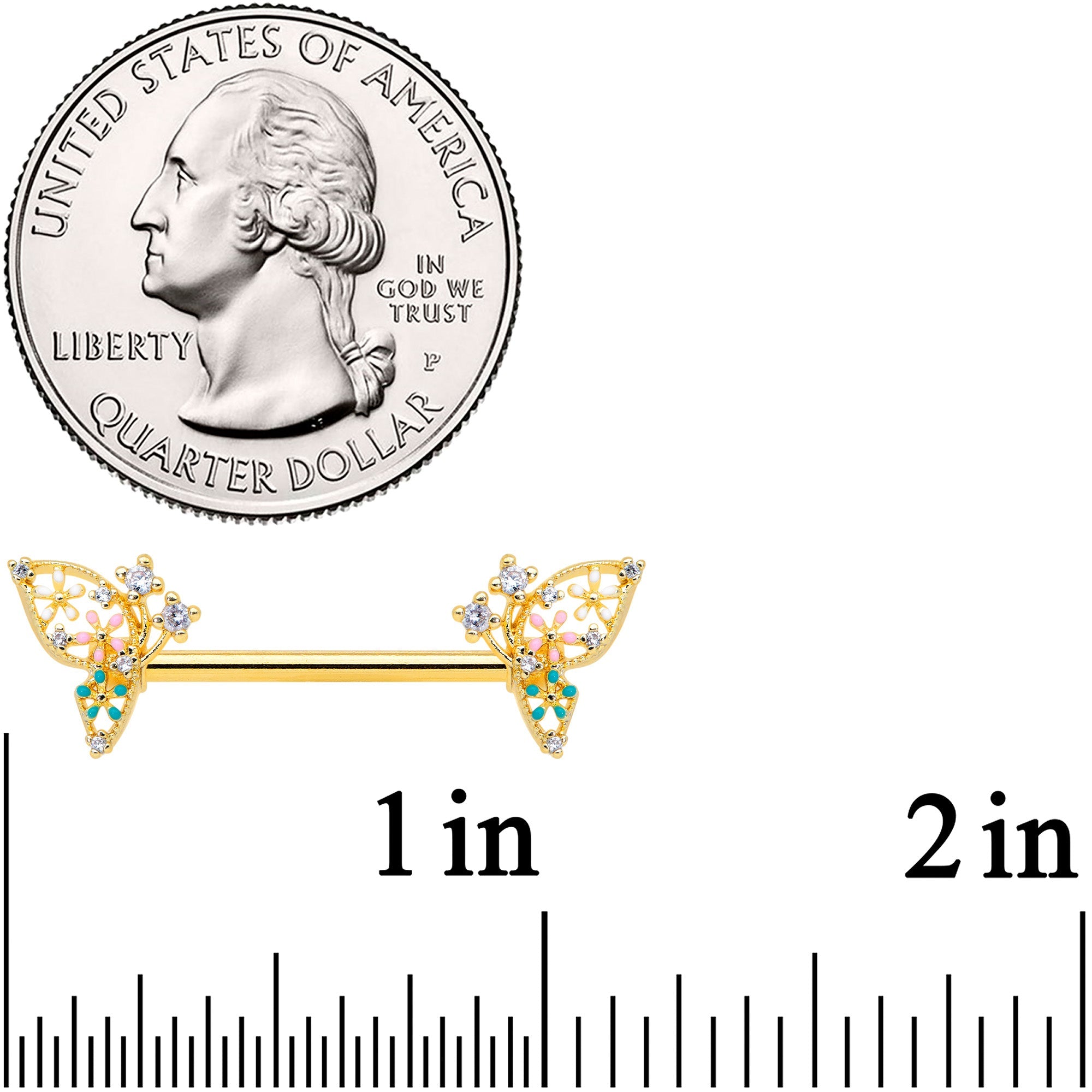 BodyCandy 14G 9/16 Clear CZ Gem Gold Hue Abstract Butterfly Nipple Ring Set — detail close-up