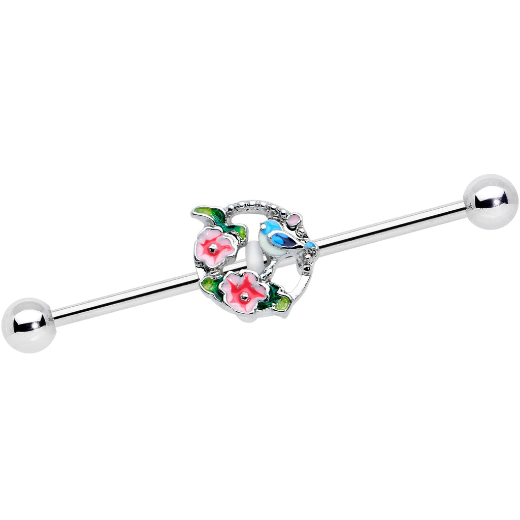 BodyCandy 14G Little Blue Bird Pink Flowers Industrial Barbell 38mm — main product shot