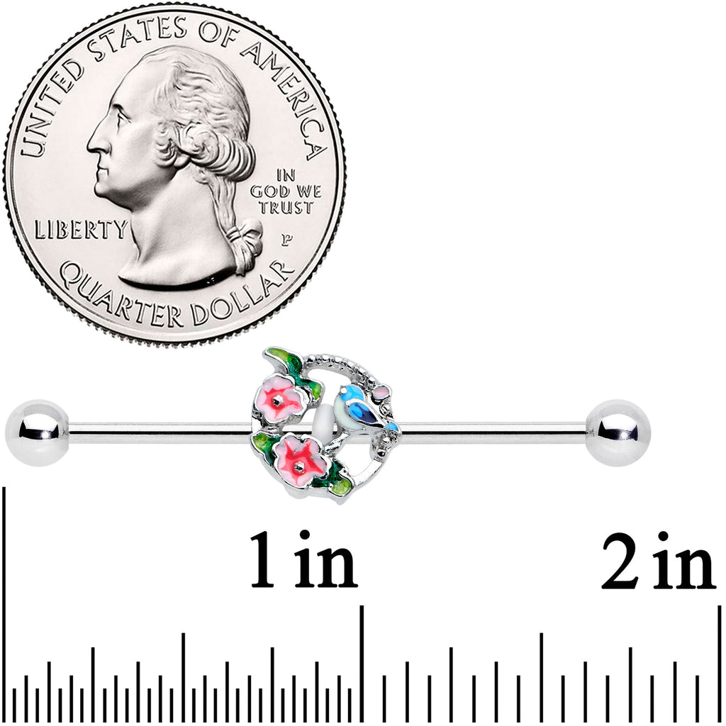 BodyCandy 14G Little Blue Bird Pink Flowers Industrial Barbell 38mm — detail close-up