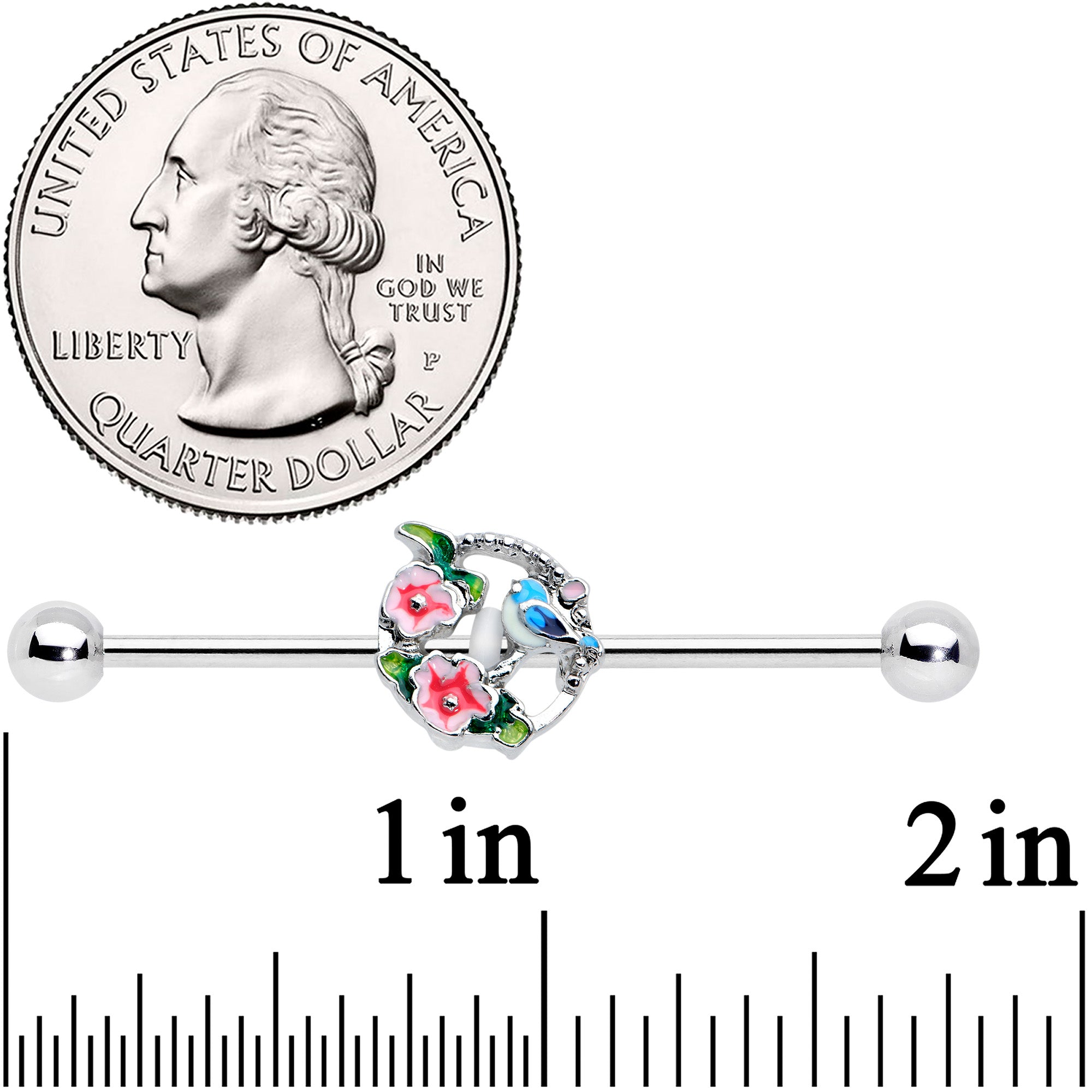 BodyCandy 14G Little Blue Bird Pink Flowers Industrial Barbell 38mm — detail close-up