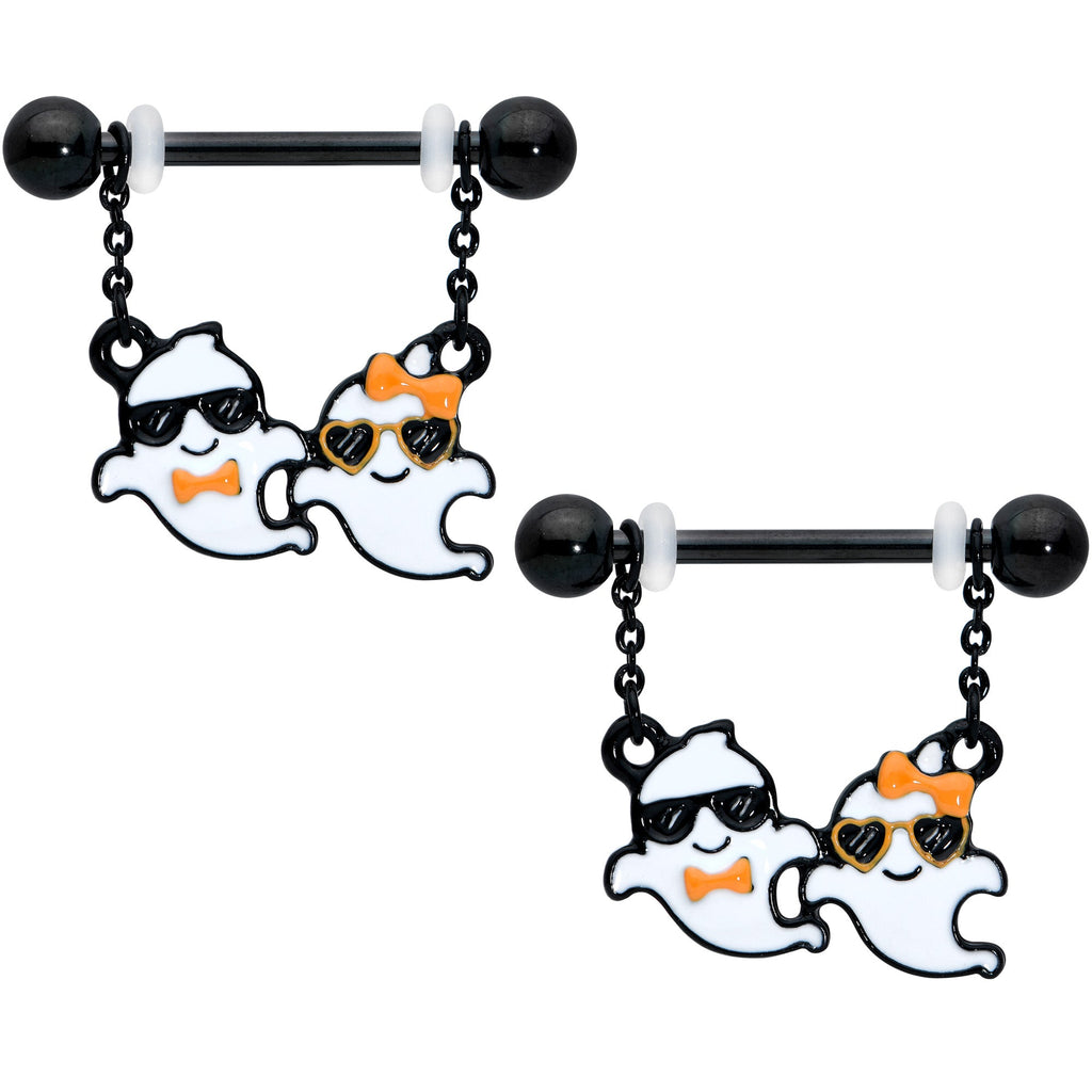 BodyCandy 14G 9/16 Black Date Night Ghosts Halloween Dangle Nipple Ring Set — main product shot