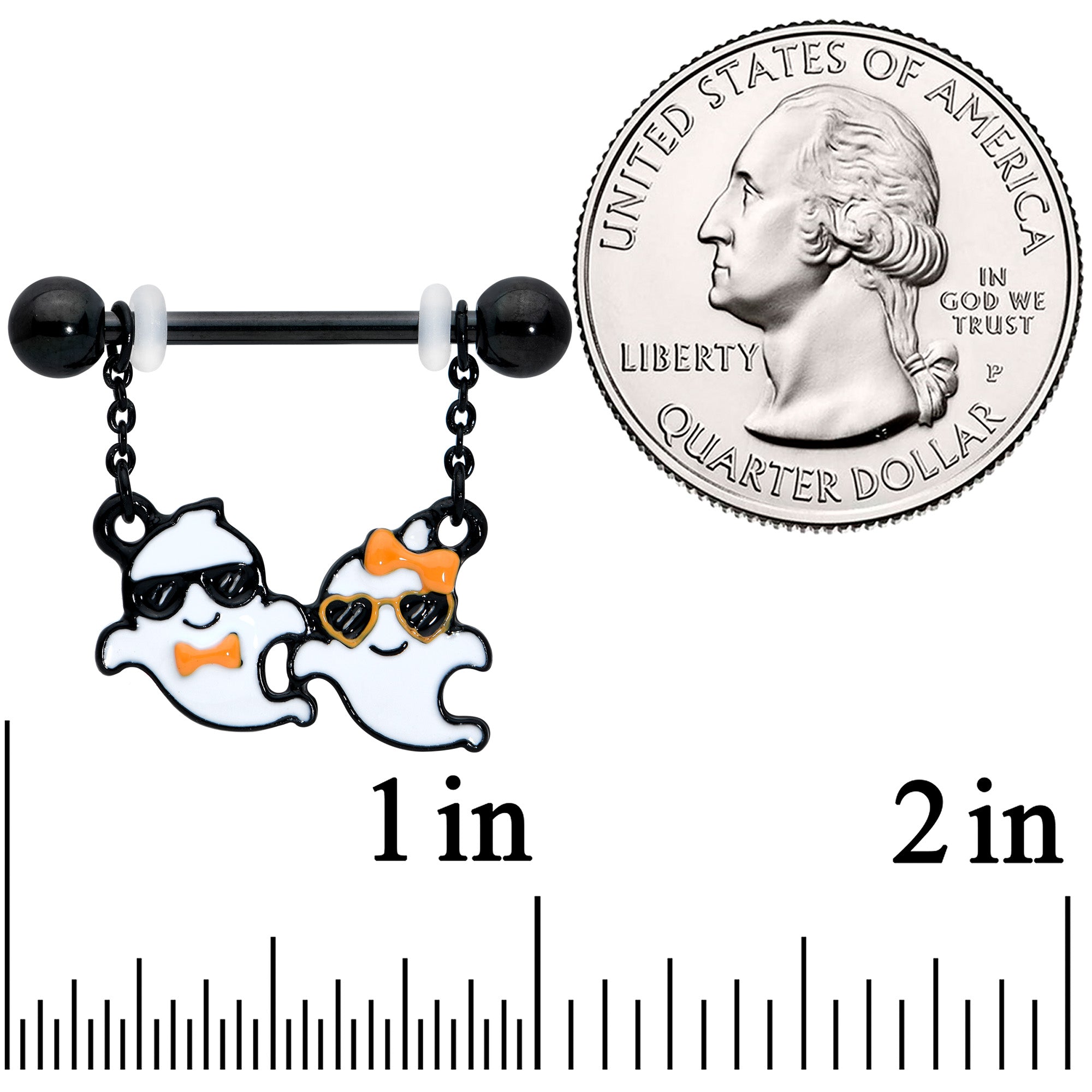 BodyCandy 14G 9/16 Black Date Night Ghosts Halloween Dangle Nipple Ring Set — detail close-up
