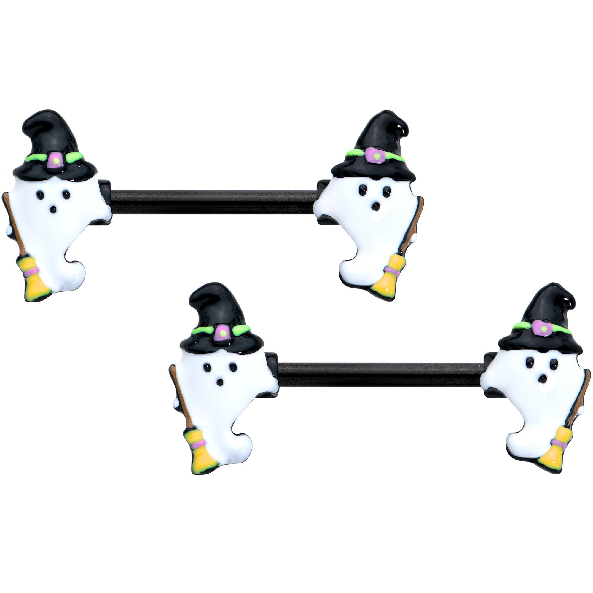 BodyCandy 14G 9/16 Black Witch Ghosts Halloween Barbell Nipple Ring Set — main product shot