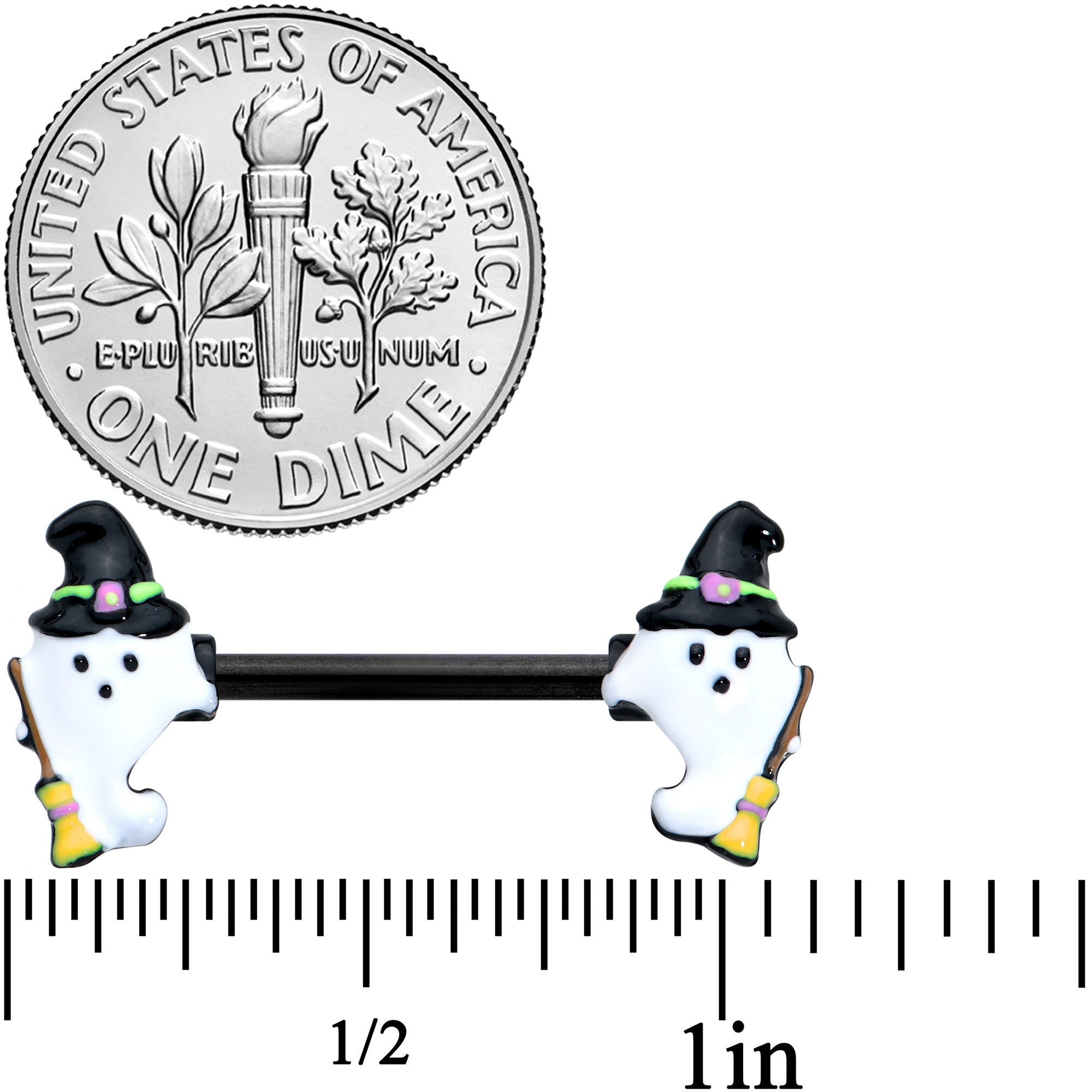 BodyCandy 14G 9/16 Black Witch Ghosts Halloween Barbell Nipple Ring Set — detail close-up